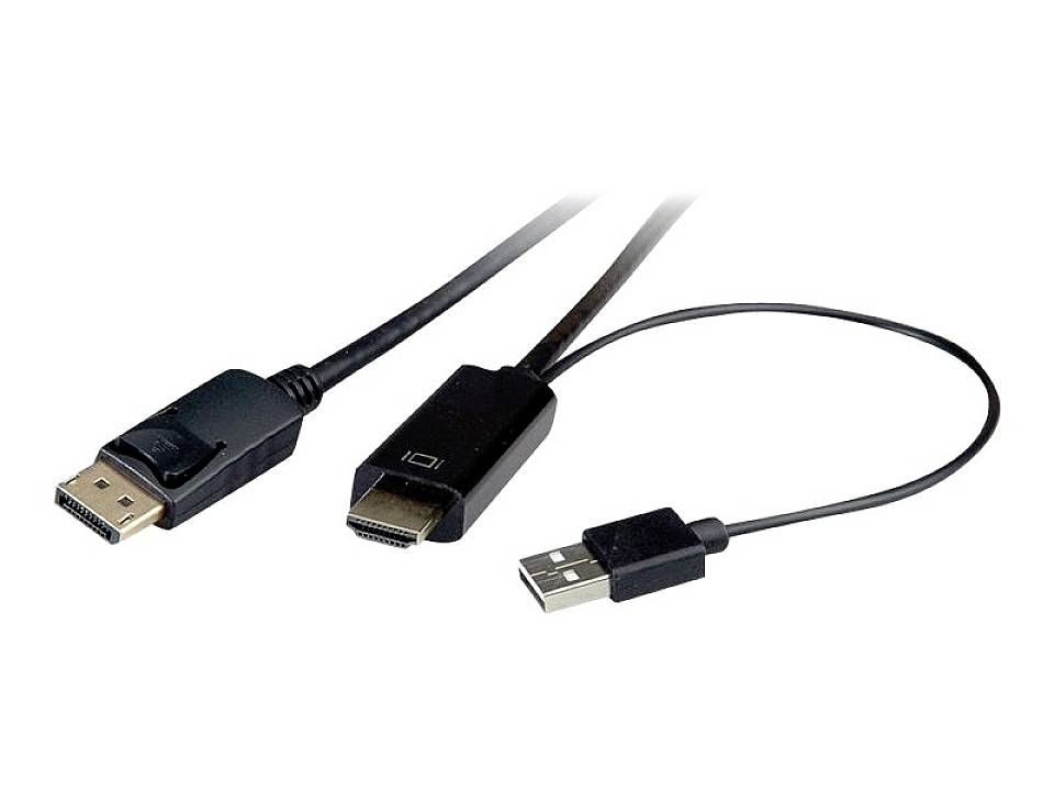 Drei Kabel mit verschiedenen Anschlüssen: DisplayPort, HDMI und USB. Sie symbolisieren Verbindungsmöglichkeiten zwischen Geräten.