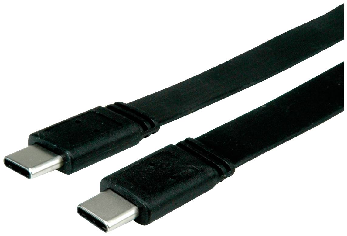 Schwarzes USB-C-Kabel mit zwei Steckern, geeignet für Datenübertragung und Aufladen von Geräten.