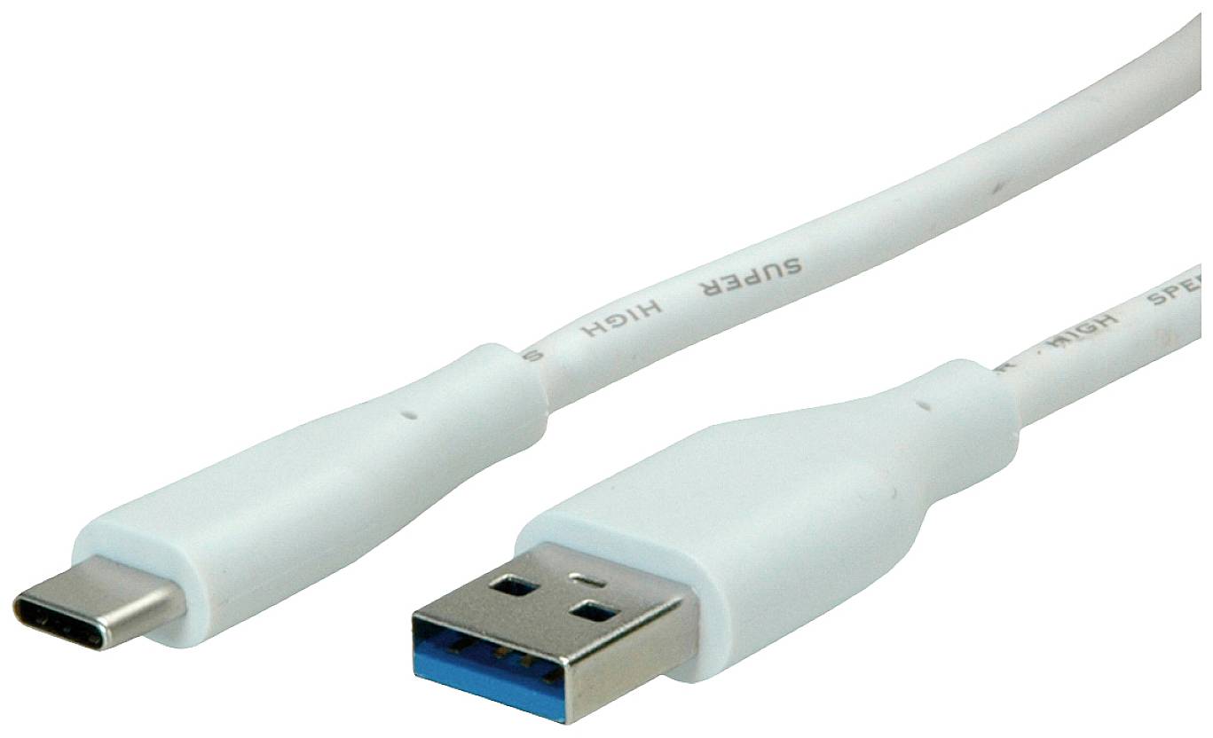 Ein weißes USB-Kabel mit einem USB-C-Stecker auf der einen Seite und einem USB-A-Stecker auf der anderen Seite.