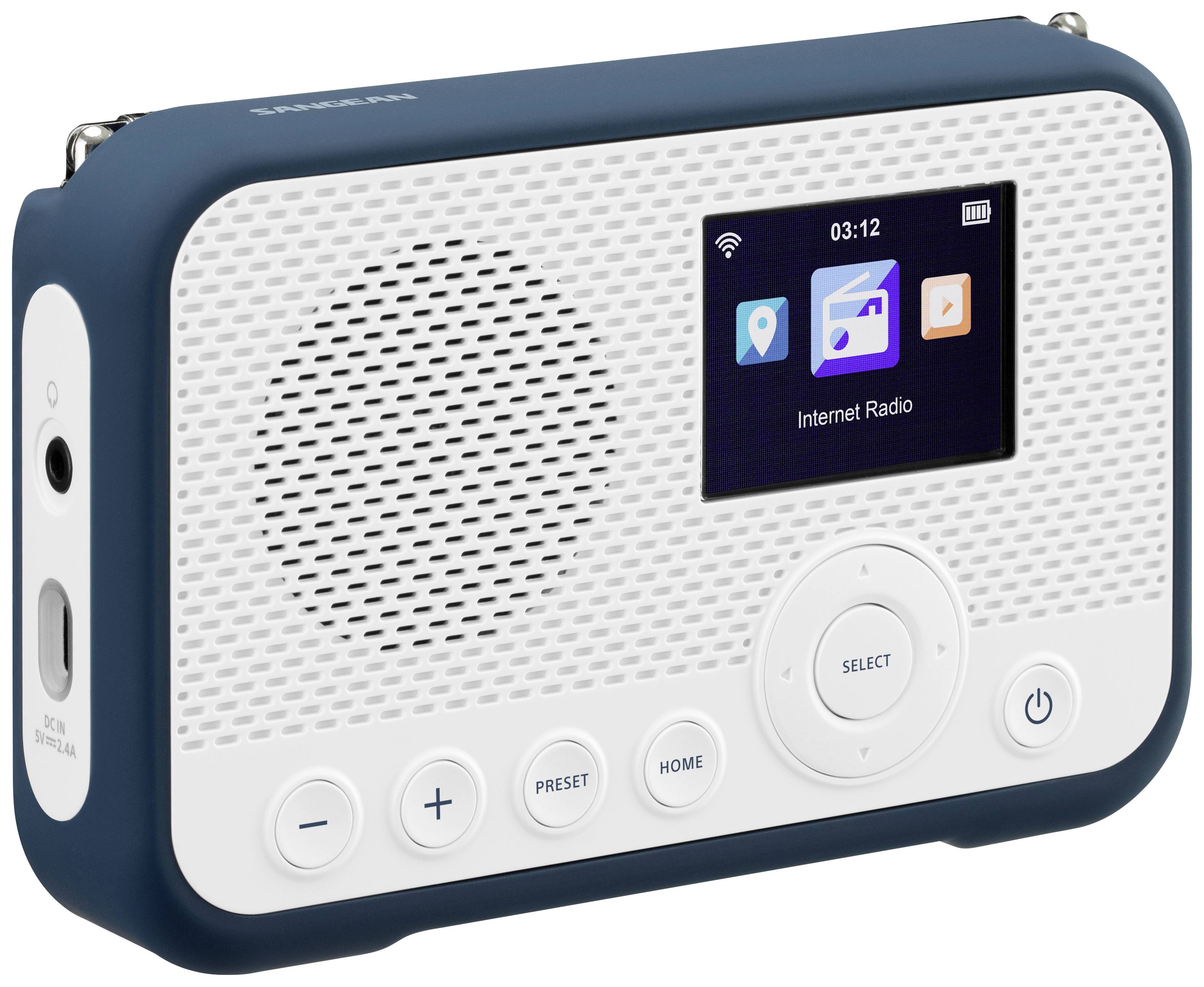 Sangean WFR-39 Internet Taschenradio Internet, DAB, UKW Internetradio, UKW, WLAN Spotify, Weckfunktion, wiederaufladbar Weiß, Blau