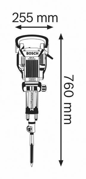 Abbildung eines Bosch-Abbruchhammers mit den Maßen: Breite 255 mm, Höhe 760 mm, vertikale Pfeile zur Dimensionierung.