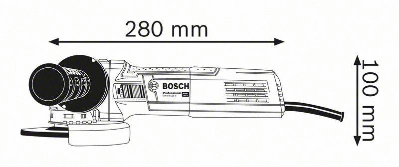 Illustration eines Bosch-Winkelschleifers. Länge: 280 mm, Höhe: 100 mm.