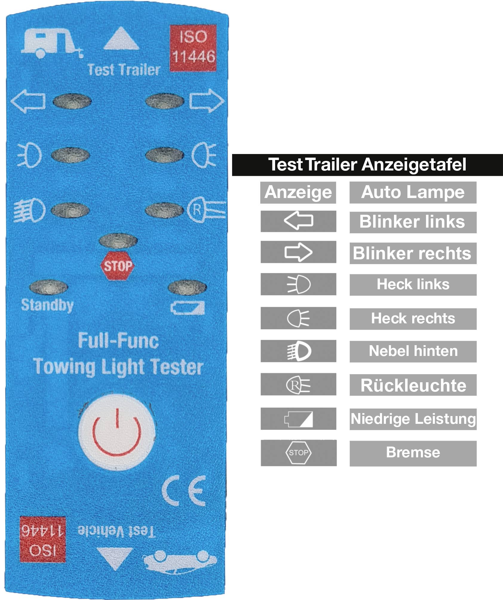 Blaues Testgerät für Anhängerbeleuchtung mit mehreren Knöpfen und einem Ein-/Ausschalter. Anzeige für verschiedene Lichter links.