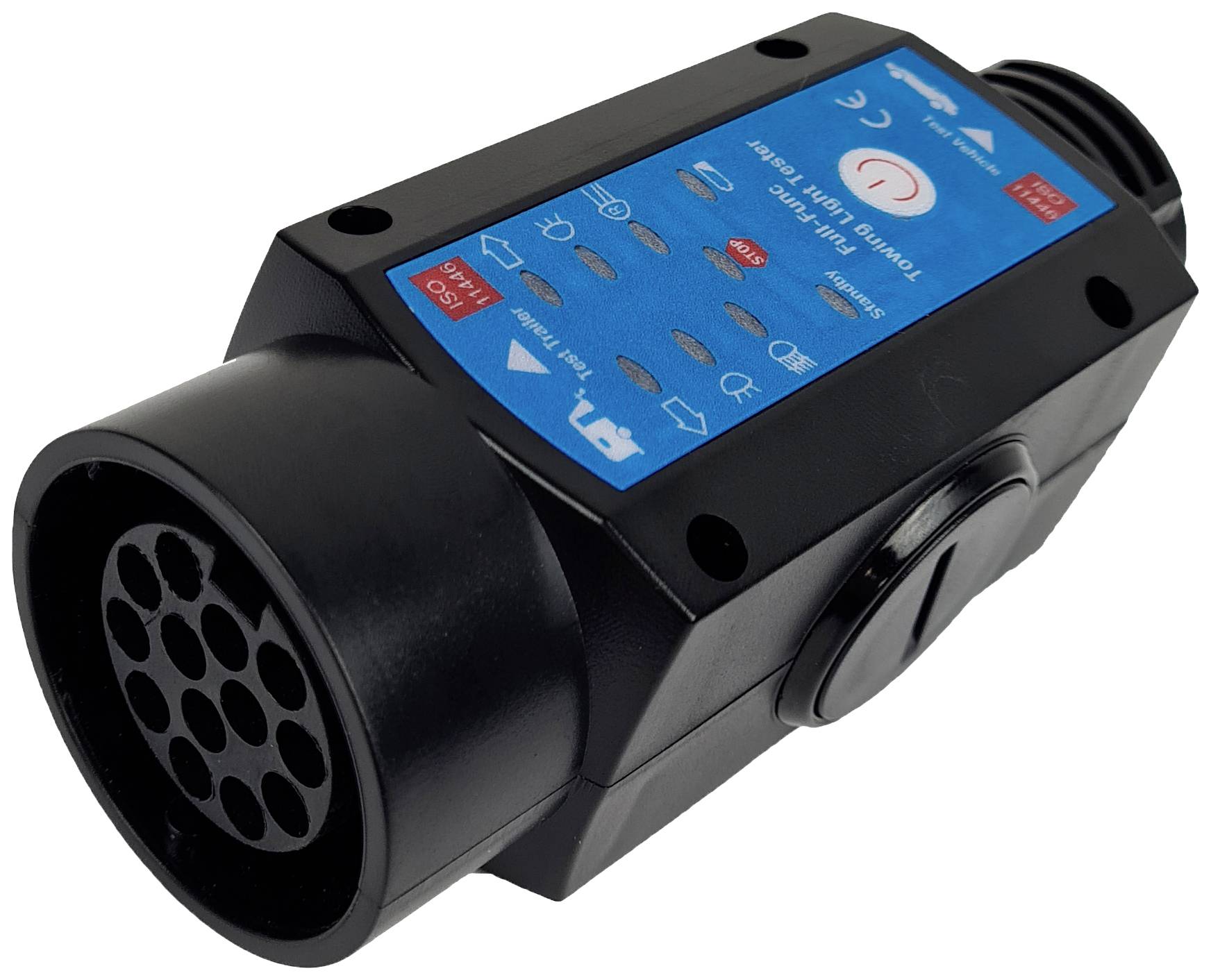 Ein schwarzes elektronisches Gerät mit blauem Bedienfeld und mehreren Anschlüssen, möglicherweise ein elektrischer Adapter.