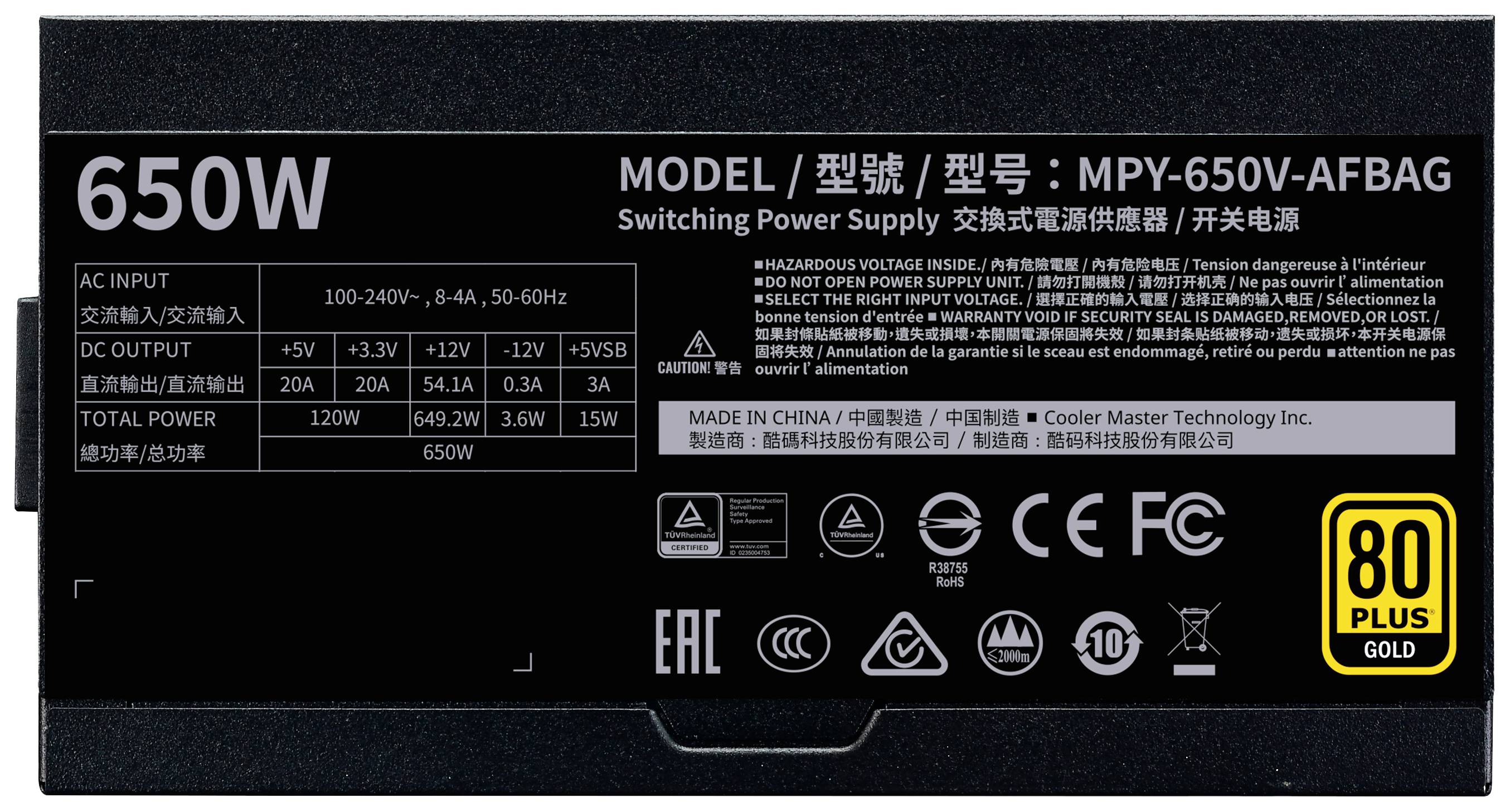 Cooler Master V Gold V2 650W A/EU Cable PC Netzteil 650 W ATX 80PLUS® Gold