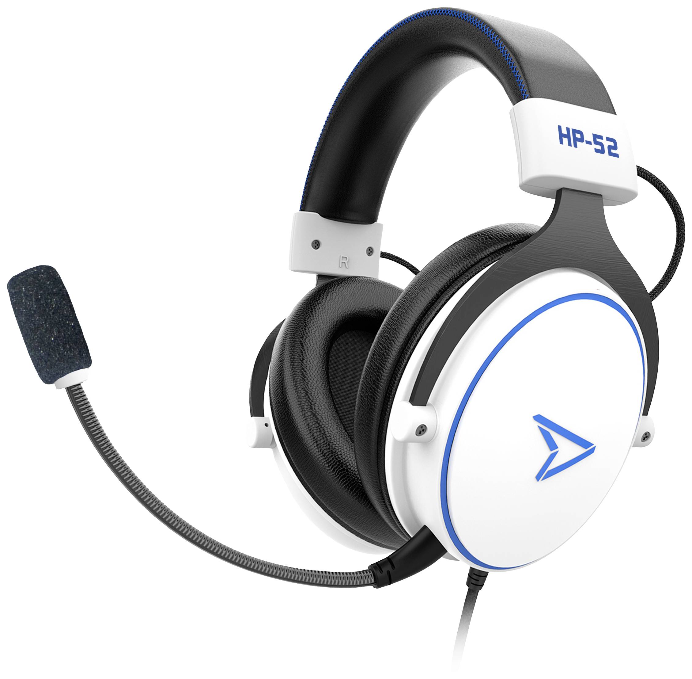 Ein weißes Gaming-Headset mit Mikrofon und dicken Polstern. Modellname 'HP-52' an der Seite. Geeignet für lange Spielsitzungen.