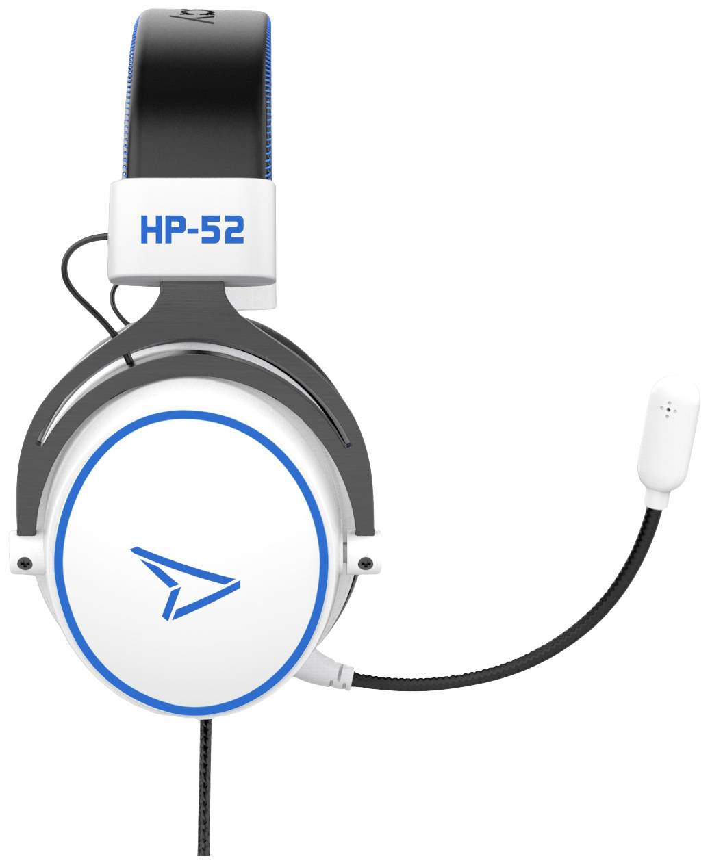 Ein weißes Gaming-Headset mit Mikrofon, Modell 'HP-52', hat blaue Details und schwarzes Kopfband.