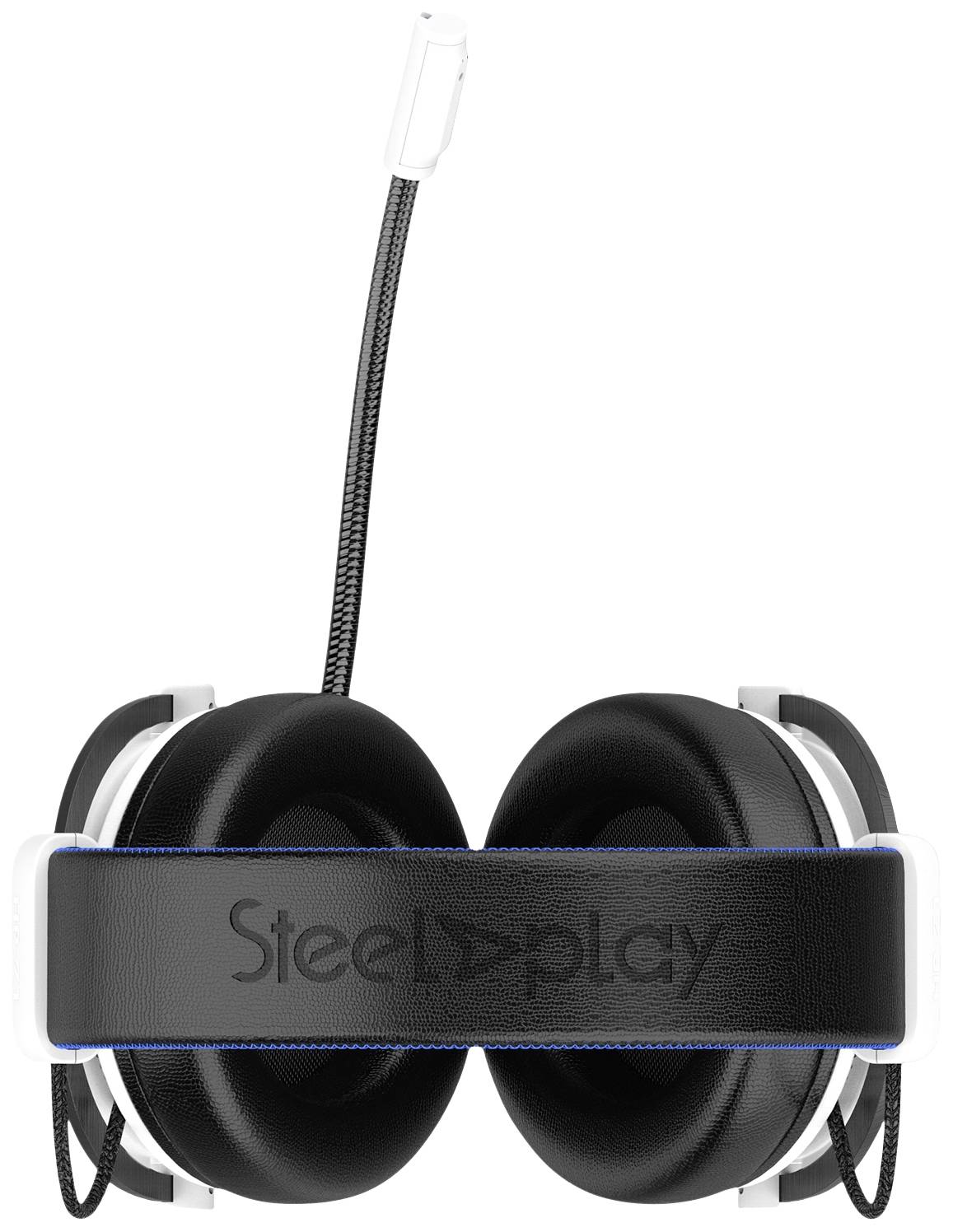 Schwarze Over-Ear-Kopfhörer mit Mikrofon und 'Steelplay'-Logo auf dem Kopfbügel.