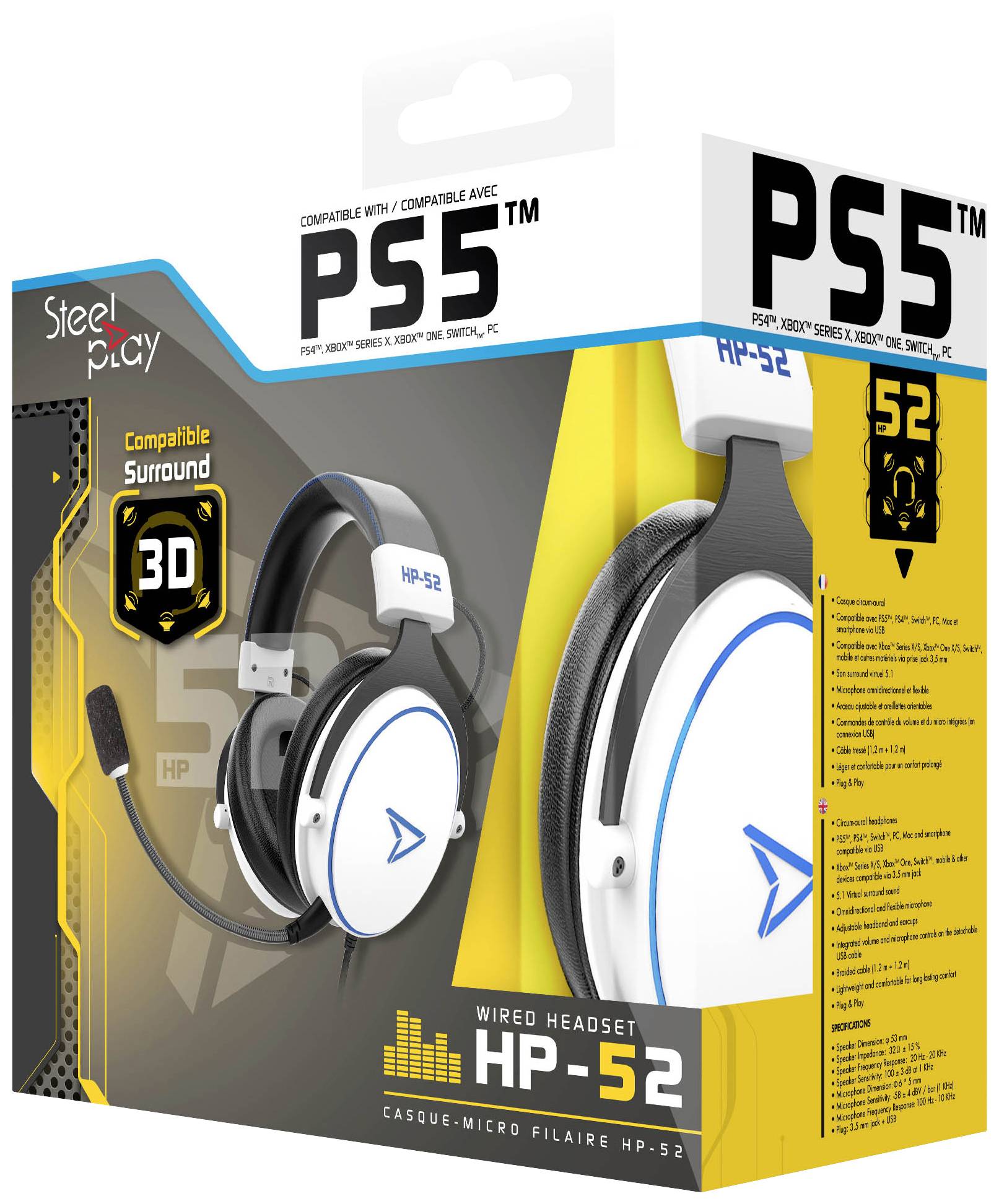 Schachtel eines drahtgebundenen Headsets HP-52, kompatibel mit PS5. Enthält Bild des Headsets, betont 3D-Surround-Sound.