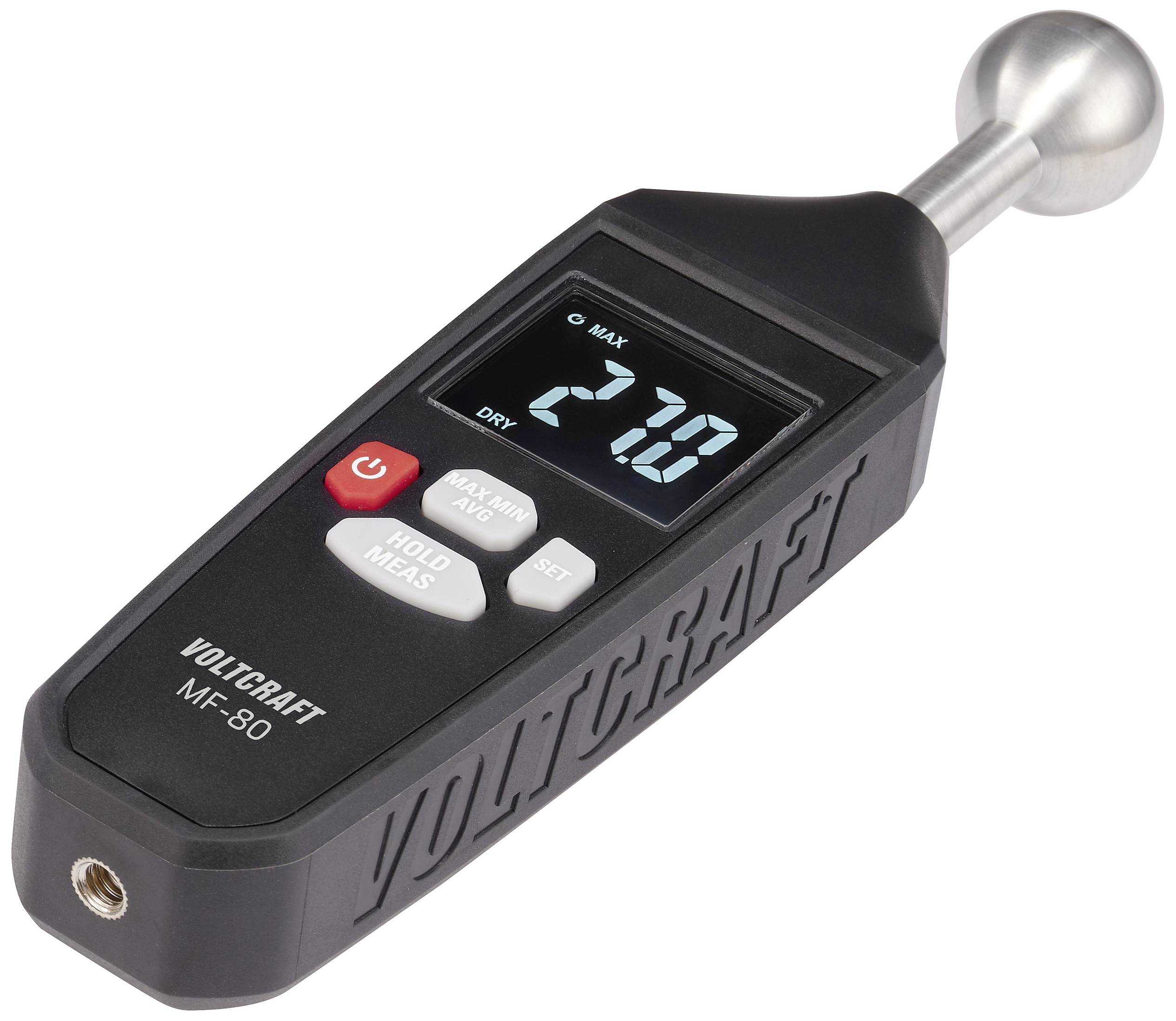 Feuchtigkeitsmessgerät mit digitalem Display zeigt '27.0'. Schwarzes Gehäuse, roter Ein-/Aus-Knopf, Aluminium-Messkugel. Markiert 'VOLTCRAFT MF-80'.
