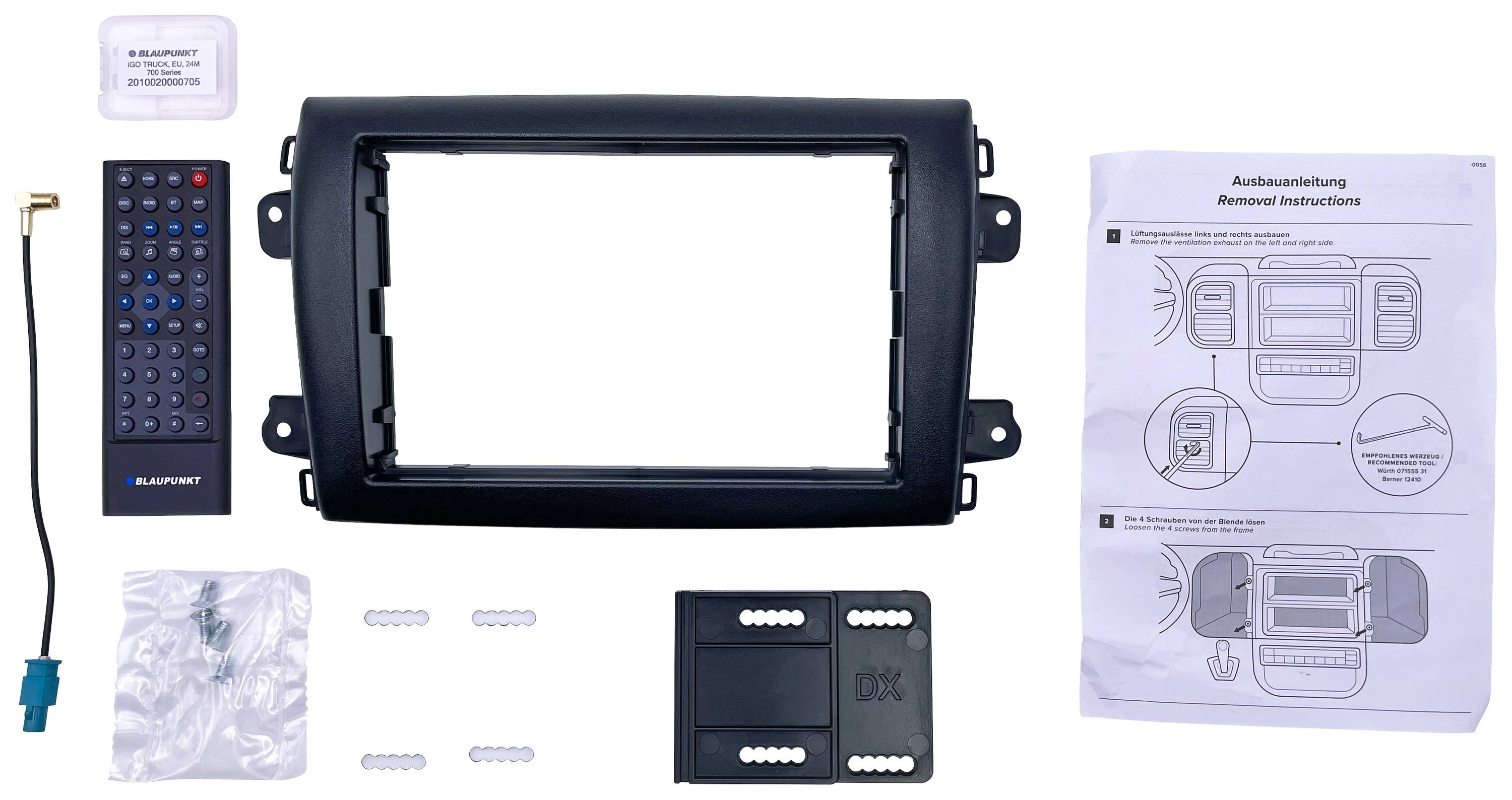 Einbauset für Autoradio mit Fernbedienung, Einbaurahmen, Antennenkabel und Montageanleitung auf Deutsch für Blaupunkt-Systeme.