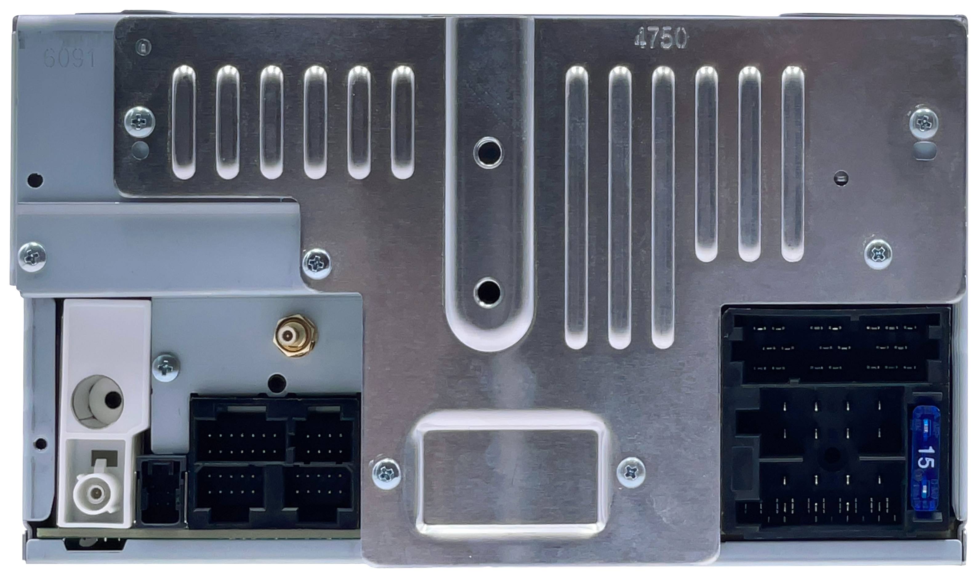 Rückseite eines Elektronikgeräts mit verschiedenen Anschlüssen und Schnittstellen; Bestimmt zur Verbindung mit anderen Geräten.