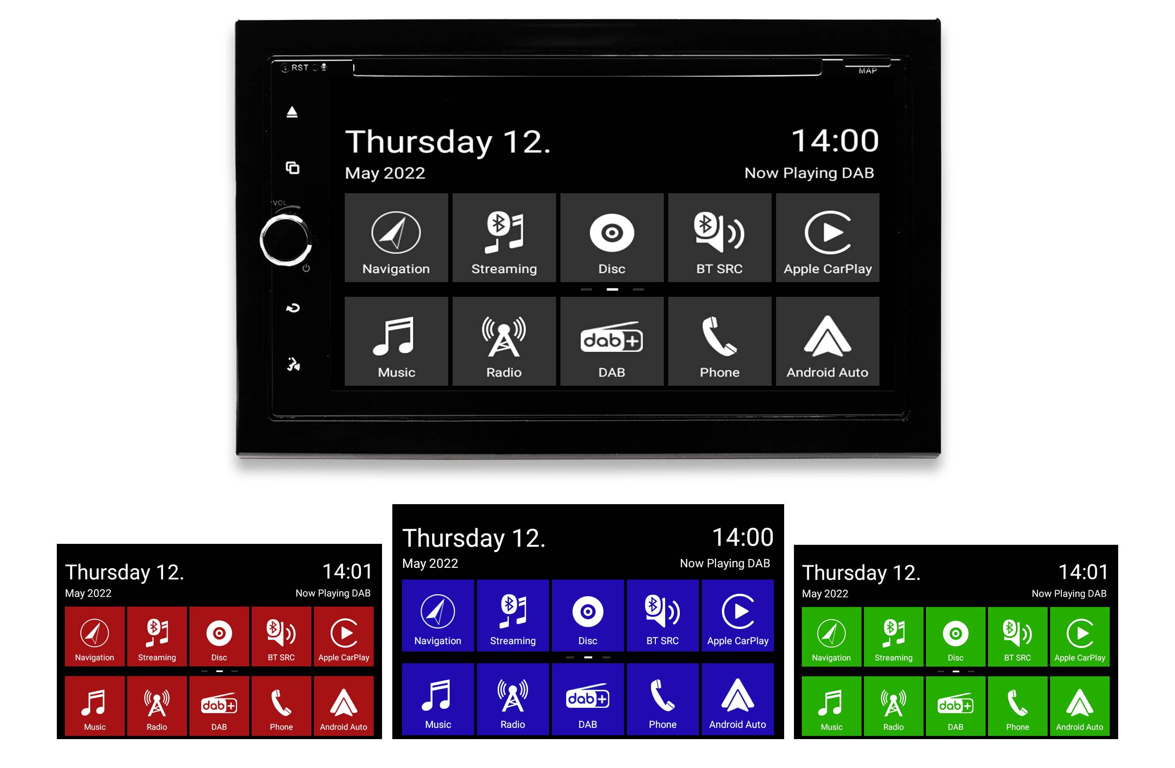 Ein Auto-Infotainment-System zeigt das aktuelle Datum 'Donnerstag, 12. Mai 2022', die Uhrzeit '14:00' und mehrere App-Icons.