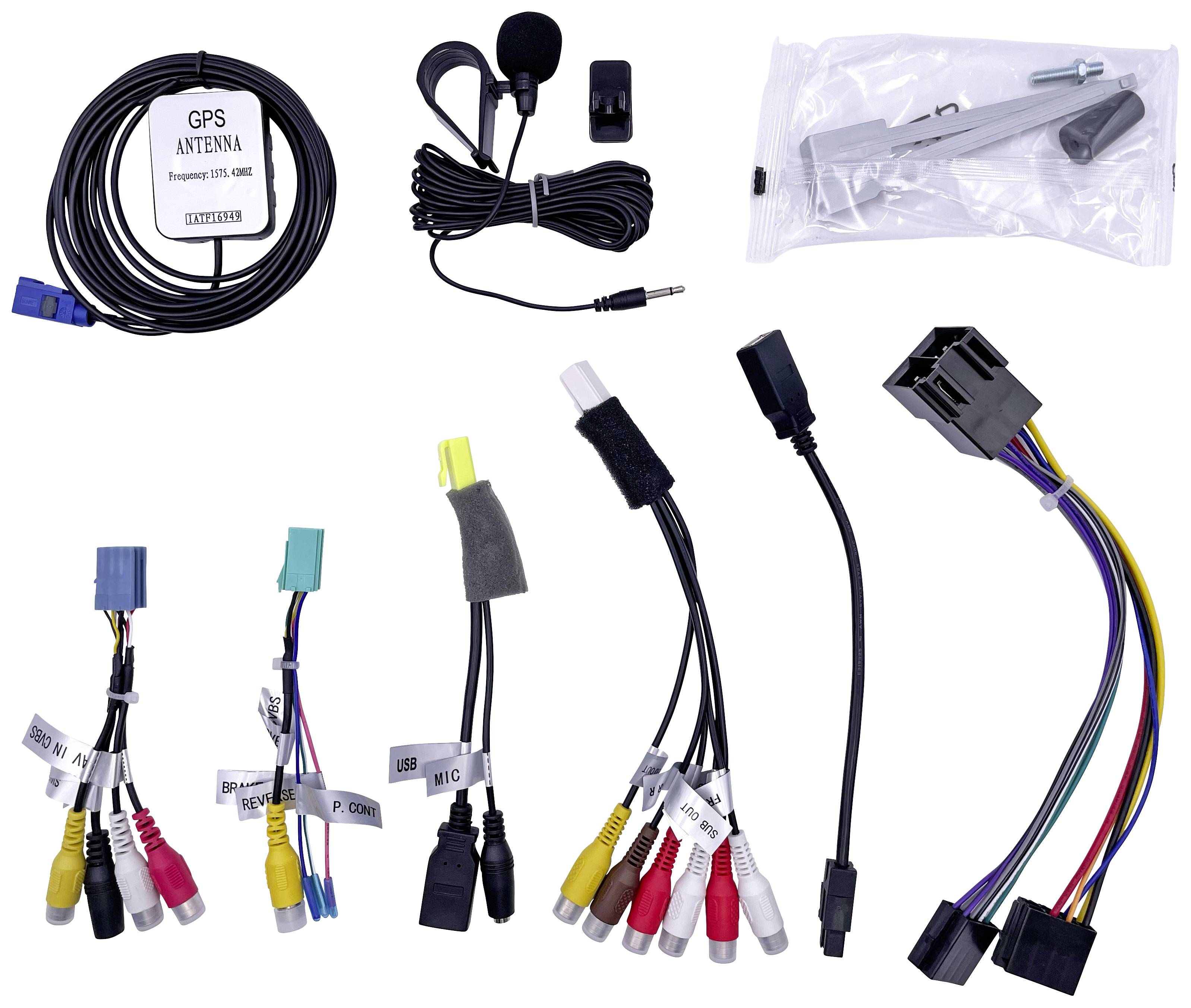 Kabelsatz mit verschiedenen Anschlüssen, inklusive GPS-Antenne, Mikrofon, Audiokabeln und Adaptersteckern, für Kfz-Entertainment-System.