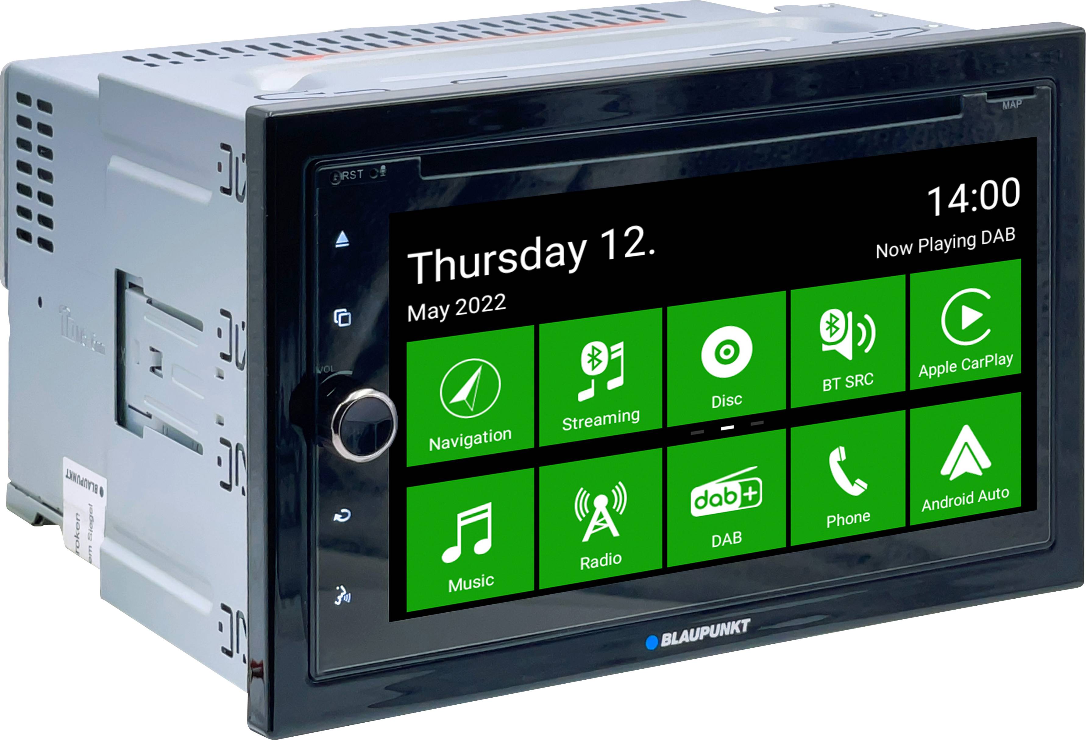 Autoradio mit Touchscreen-Display zeigt Datum 'Donnerstag, 12. Mai 2022', Uhrzeit '14:00' und Icons für Navigation, Musik und mehr.
