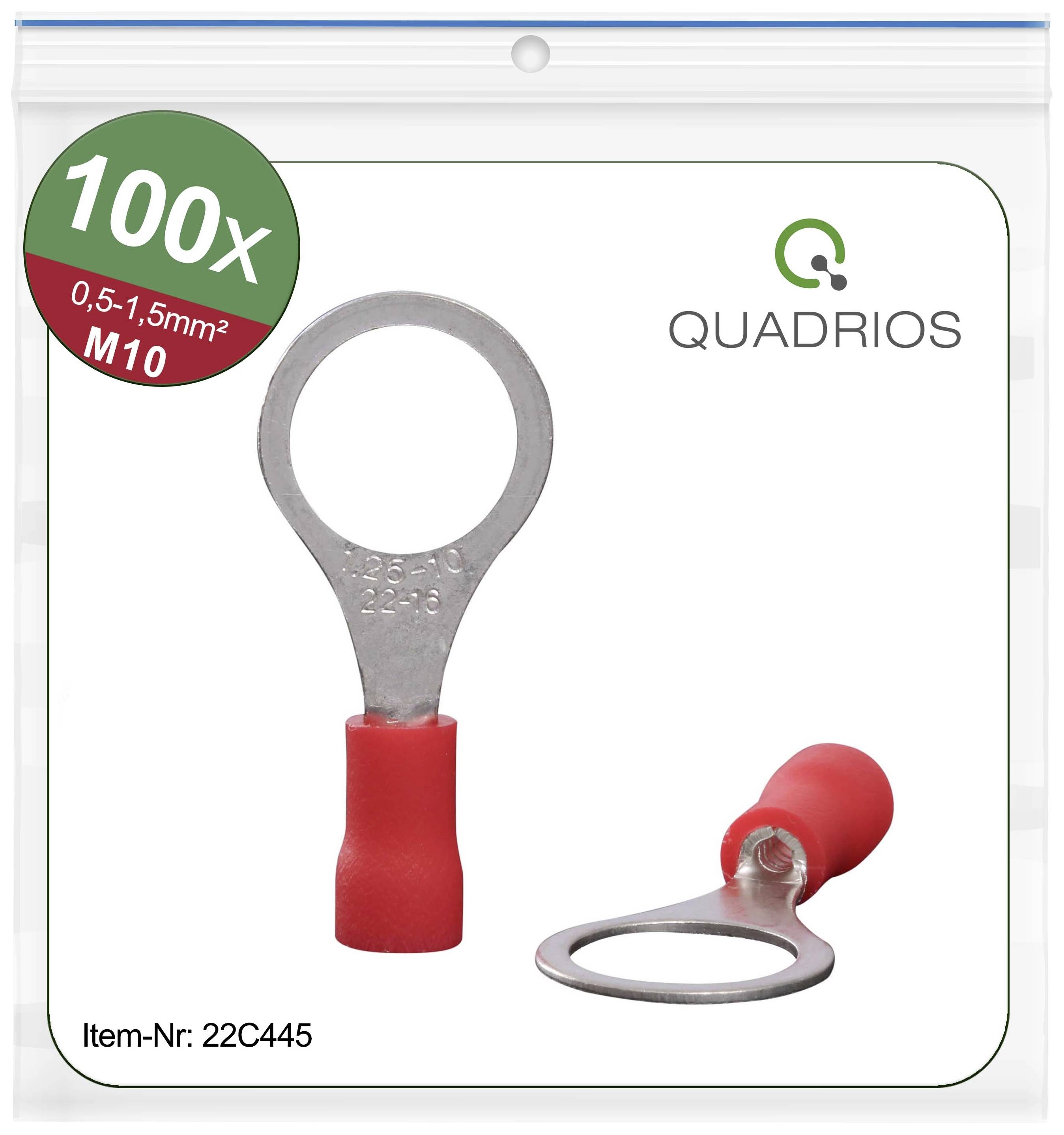 Verpackung mit 100 roten Kabelschuhen von Quadrios, für Kabelquerschnitte 0,5–1,5mm², M10 Größe. Artikelnummer 22C445.