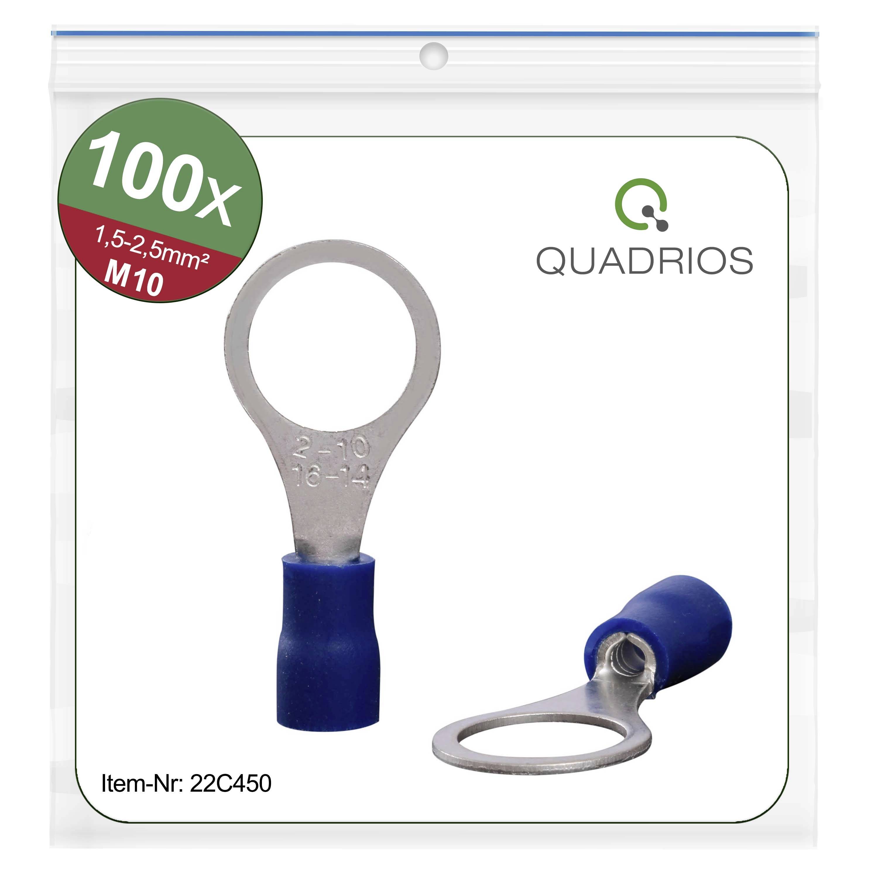 Produktbild von 100 blauen Ringkabelschuhen, Größe M10, 1,5-2,5 mm², Artikelnummer 22C450, Marke Quadrios.