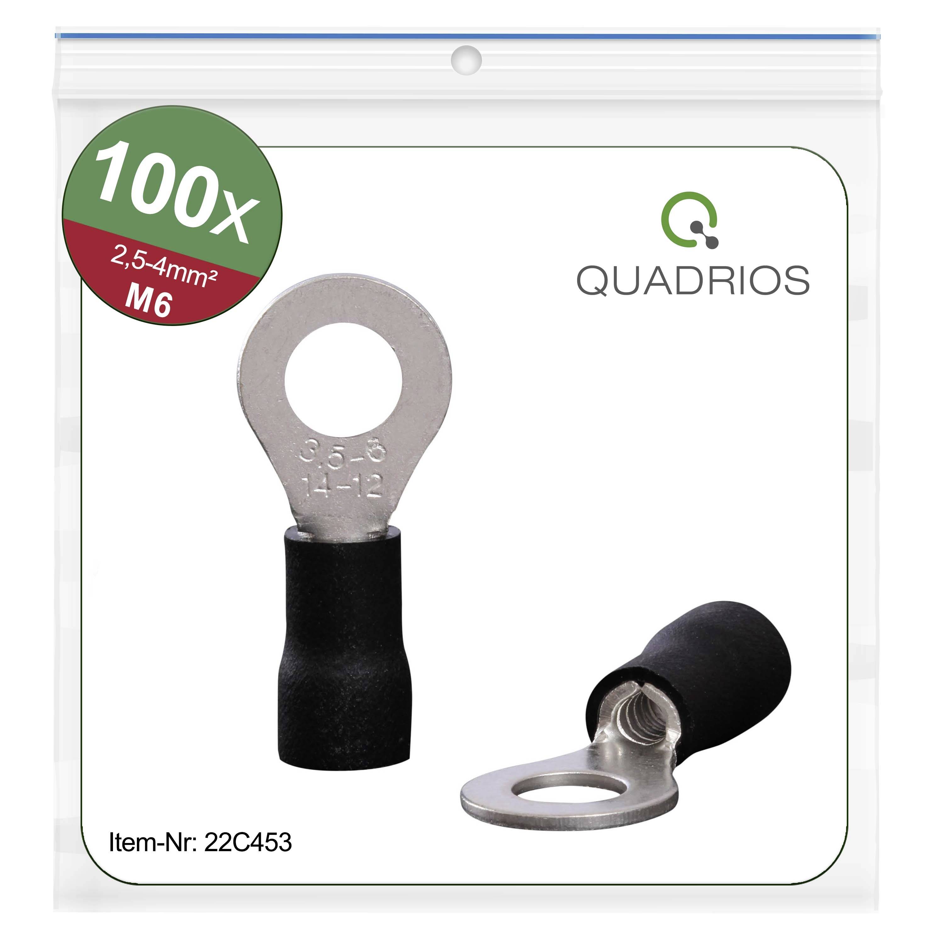 Das Bild zeigt eine Verpackung mit 100 isolierten Kabelschuhen von Quadrio. Produktnummer: 22C453, Größe: 2,5-4mm², M6.