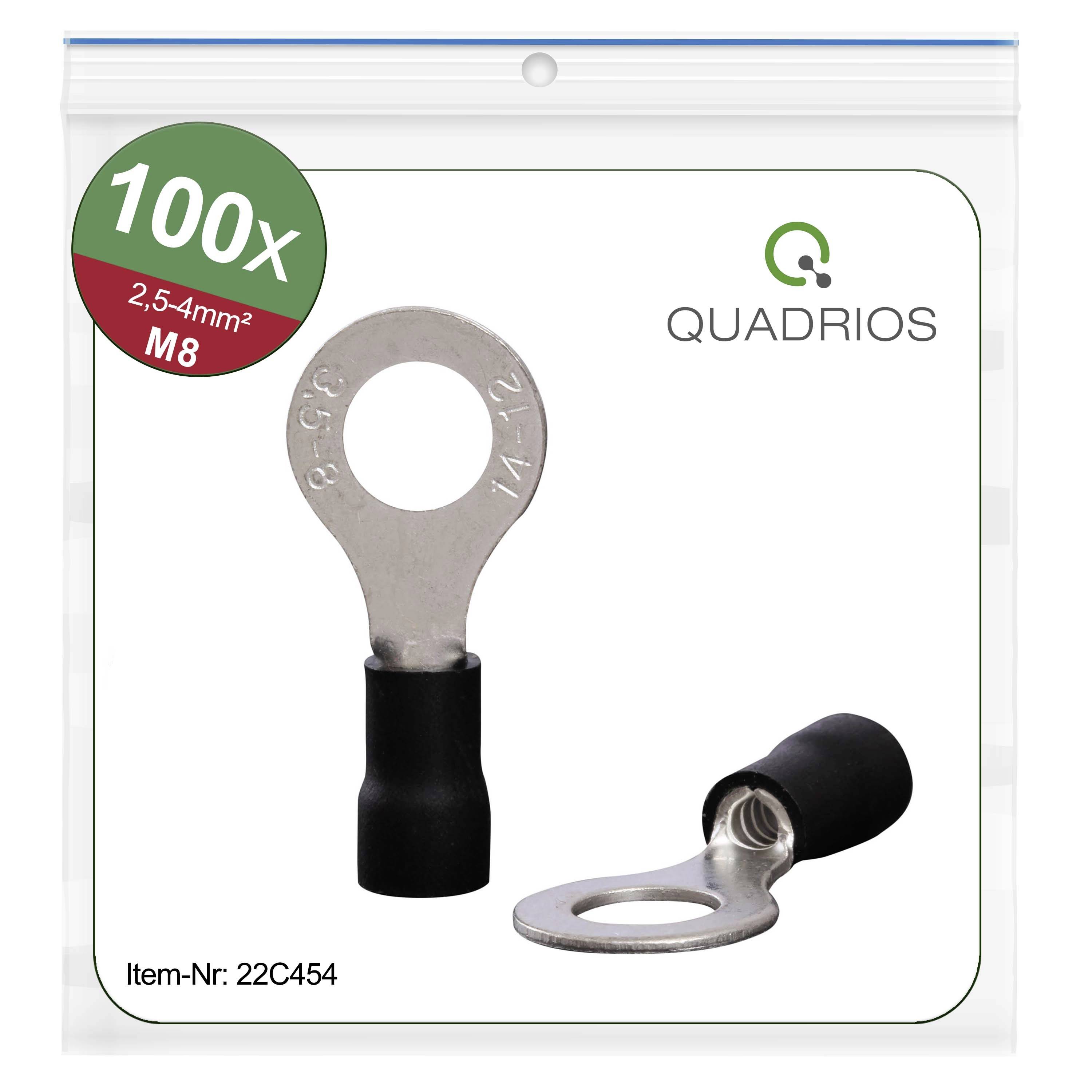 Packung mit 100 Rundkabelschuhen, 2,5-4 mm², M8 Größe. Hersteller: Quadrios. Artikelnummer: 22C454.
