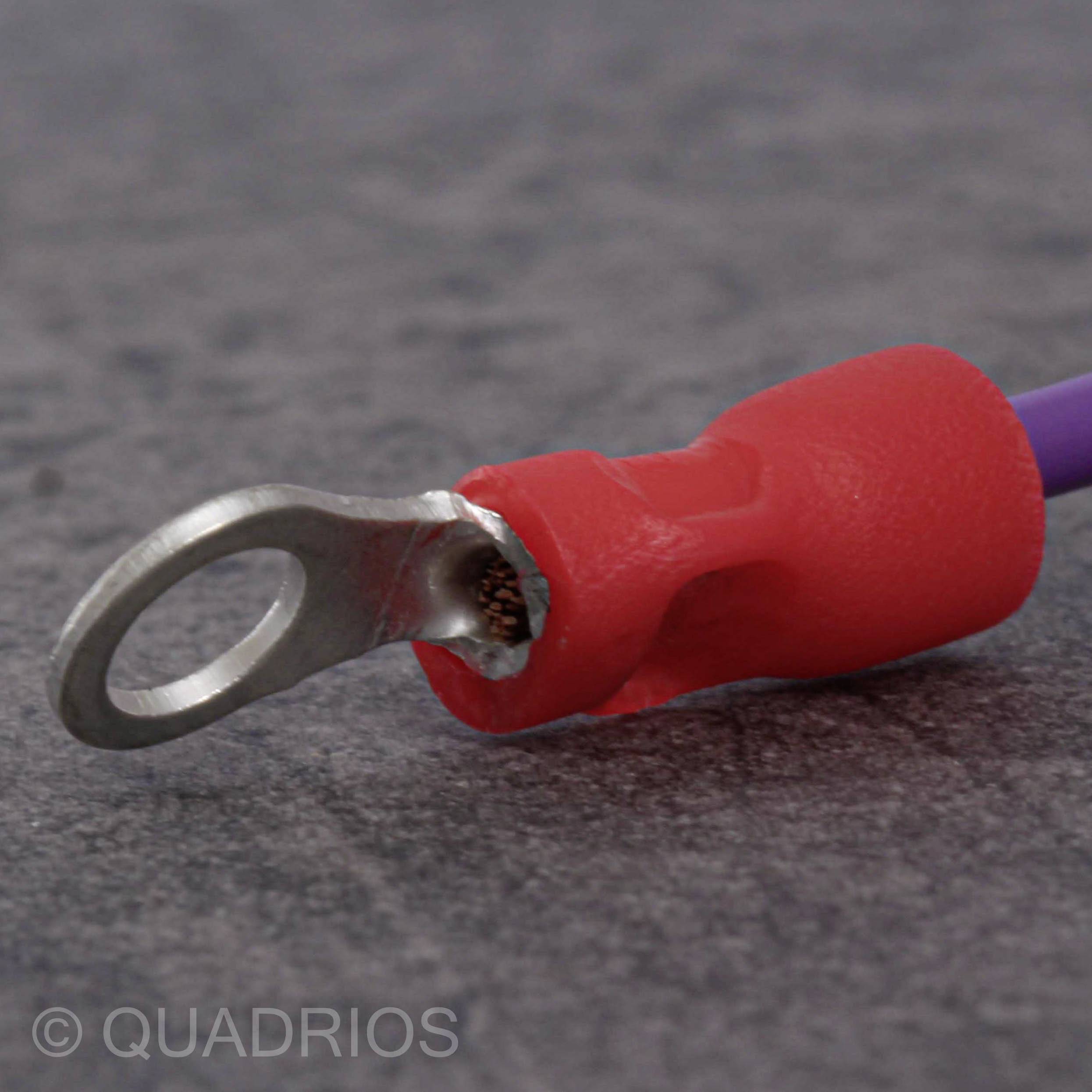 Ein roter, isolierter Ringkabelschuh mit violettem Kabel auf grauem Hintergrund. Quadratische Halterung auf der linken Seite.