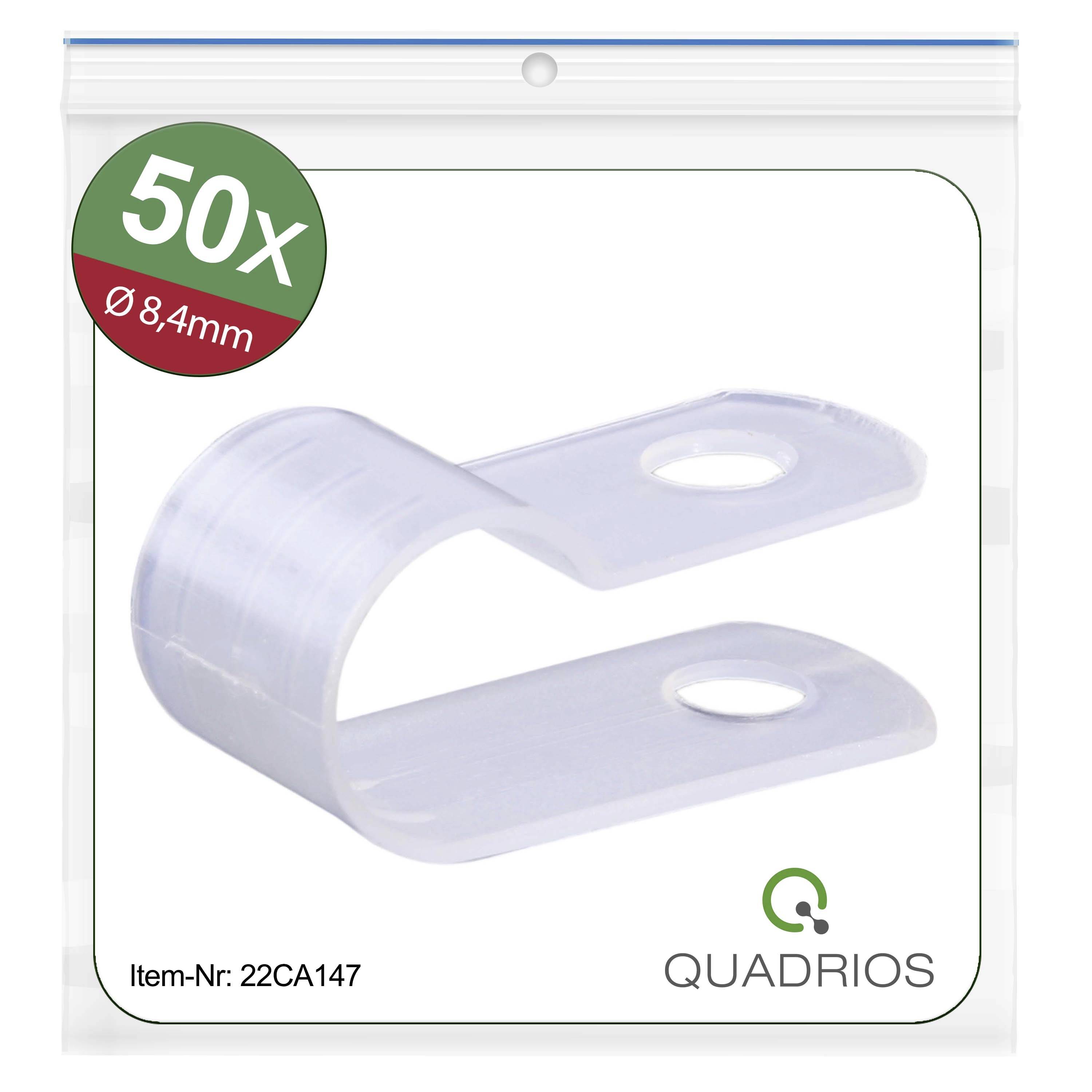 50 transparente Kabelschellen Ø 8,4 mm in einer Verpackung von Quadrios, Artikelnummer 22CA147. Ideal zur Kabelbefestigung.