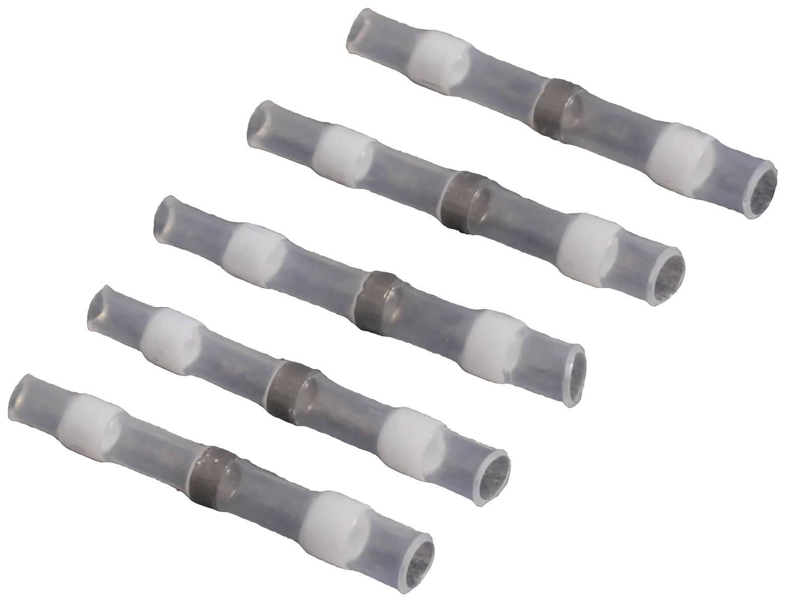 Fünf transparente Schrumpfverbinder mit internen Metallringen, die zur Isolierung und Verbindung von elektrischen Kabeln verwendet werden.
