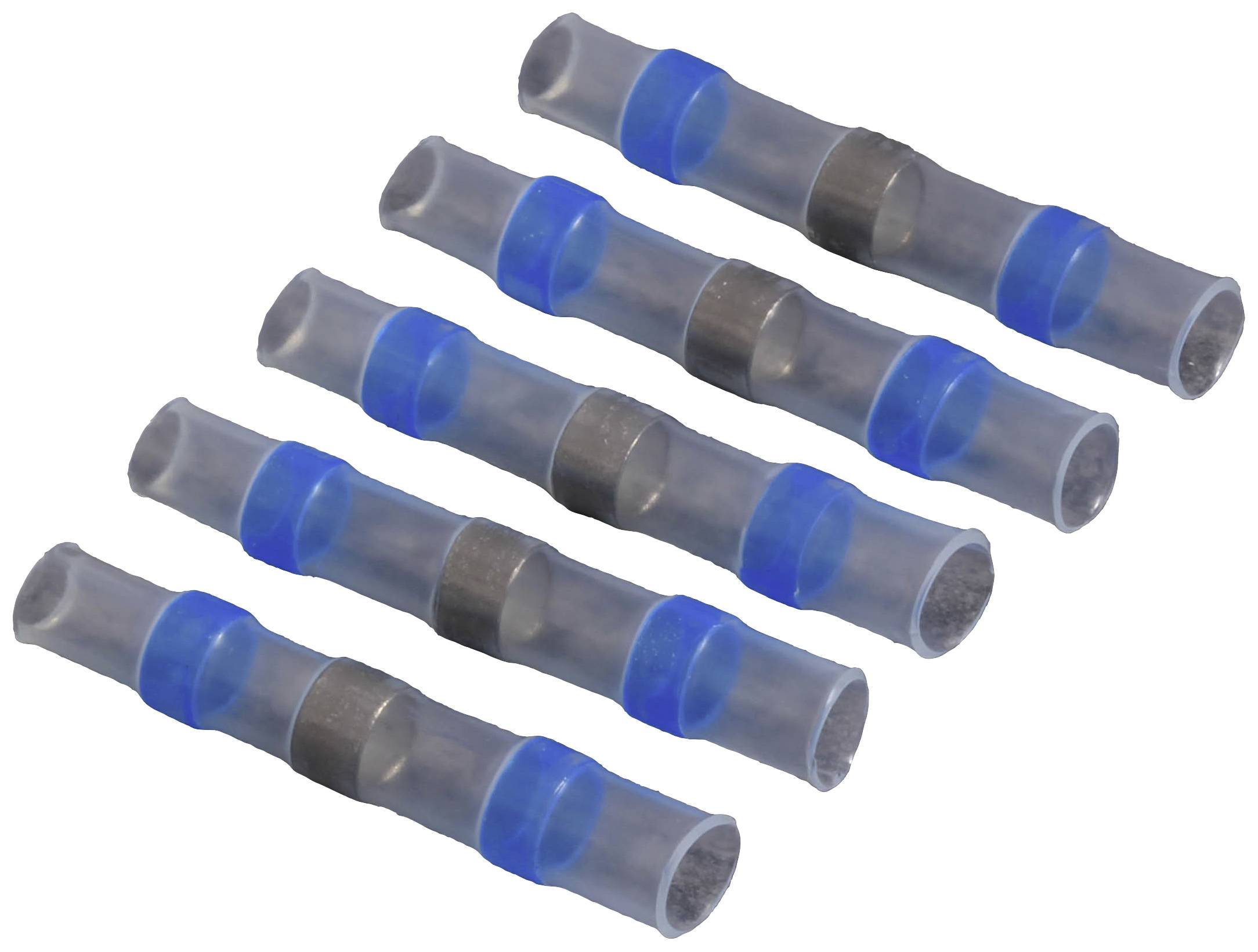 Fünf blaue, durchsichtige Kabelverbinder in einer Reihe. Sie dienen zur Isolierung und Verbindung von elektrischen Drähten.