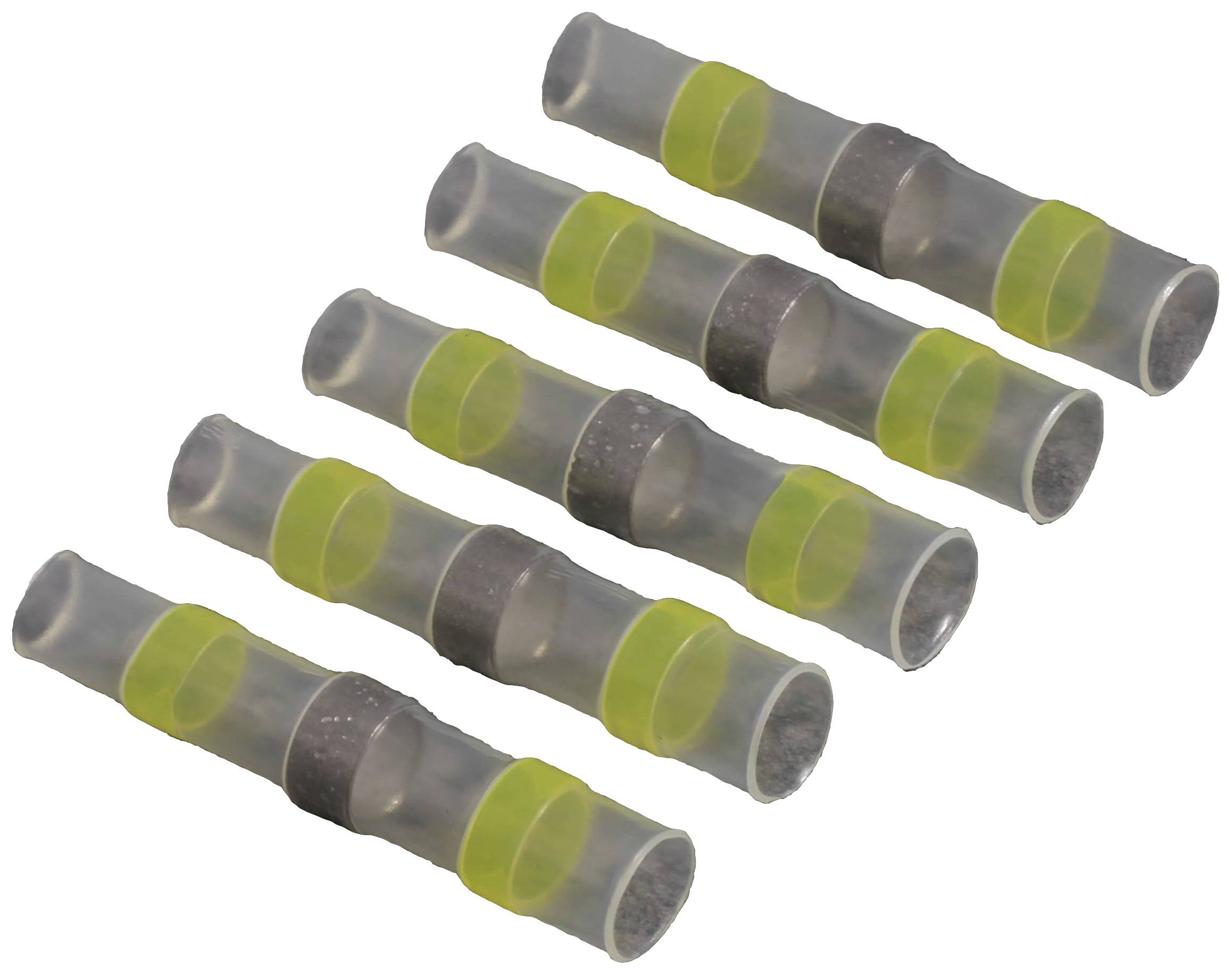 Vier transparente Spleißverbinder mit gelben und schwarzen Ringen, die zum Verbinden von Kabeln verwendet werden.