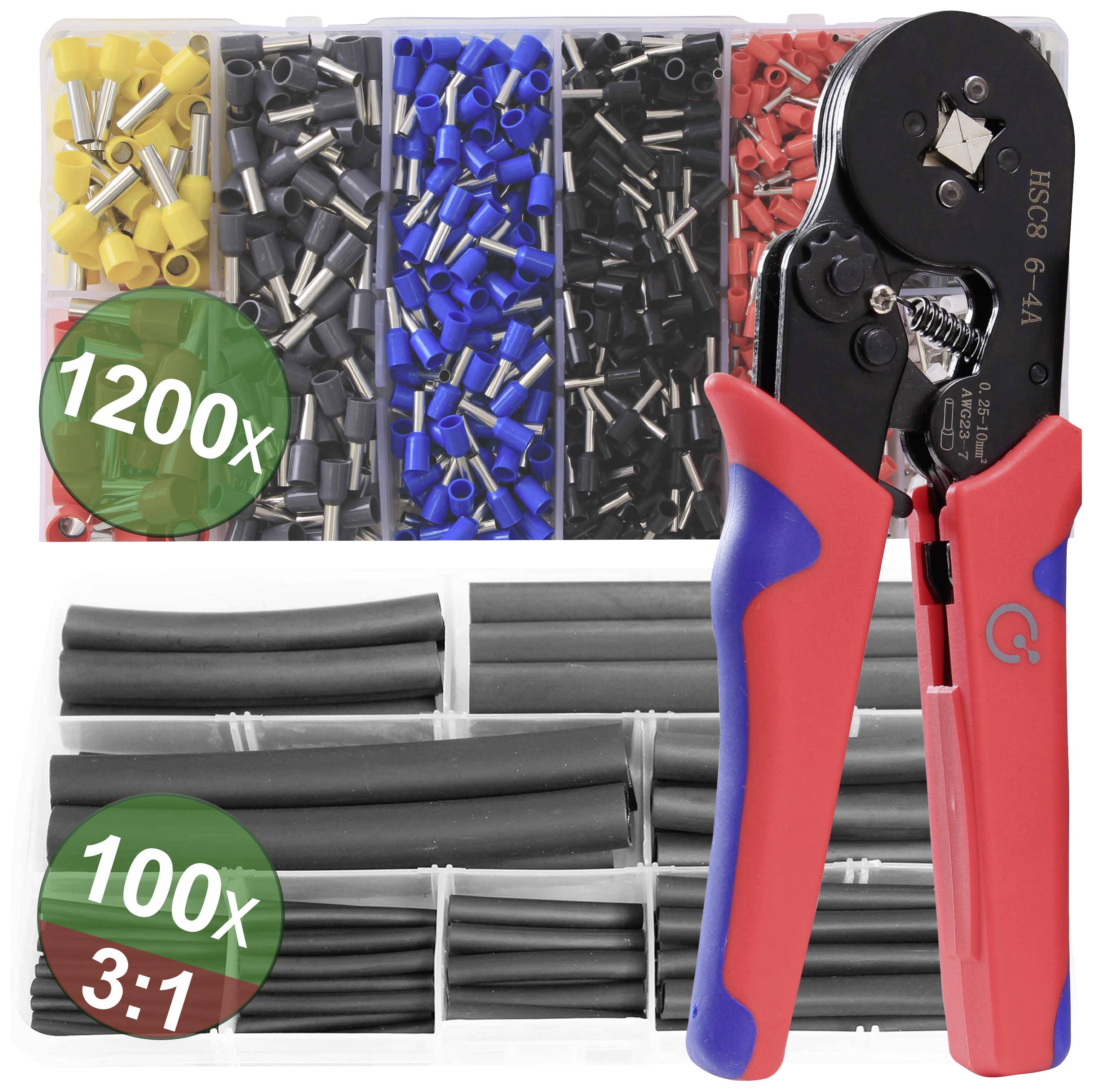 Set mit Aderendhülsen in verschiedenen Farben (gelb, blau, rot, schwarz), 1200 Stück, mit Crimpzange und Schrumpfschläuchen, 100 Stück.