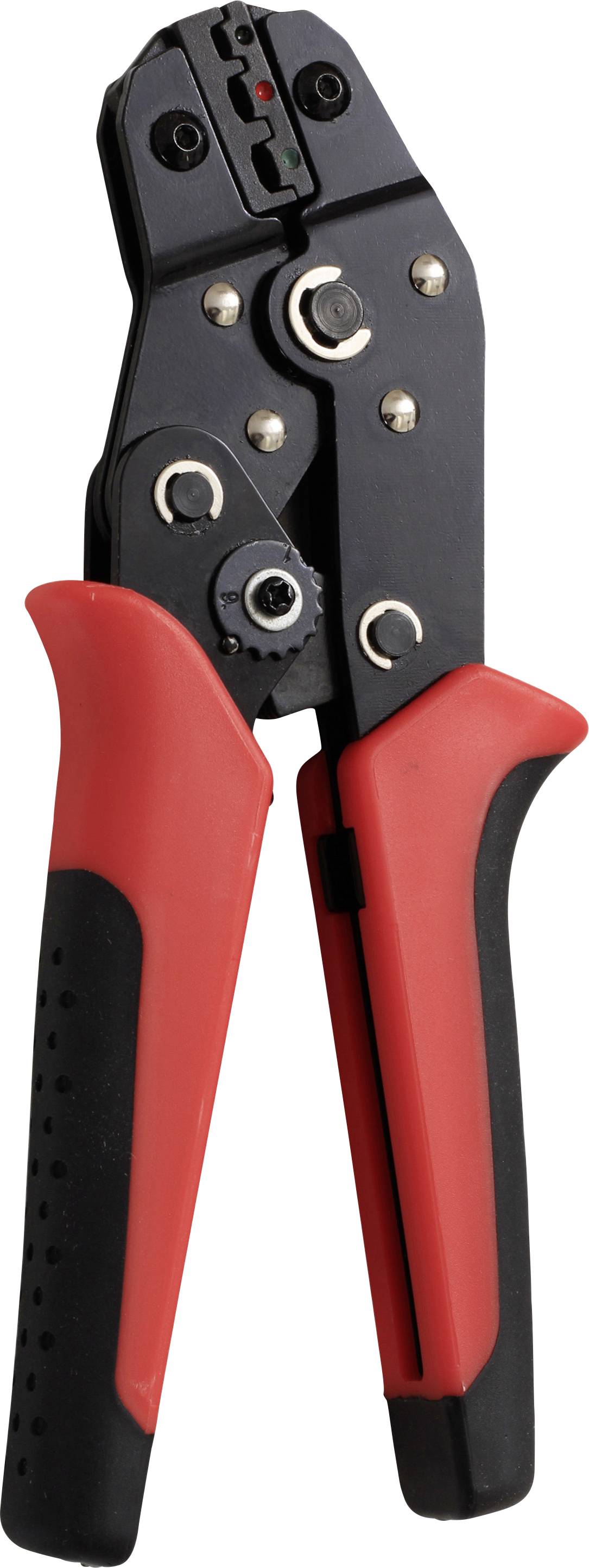 Ein rot-schwarzer Crimpzange mit verstellbarem Ratschenmechanismus, entwickelt für Verdrahtungs- und elektrische Arbeiten.