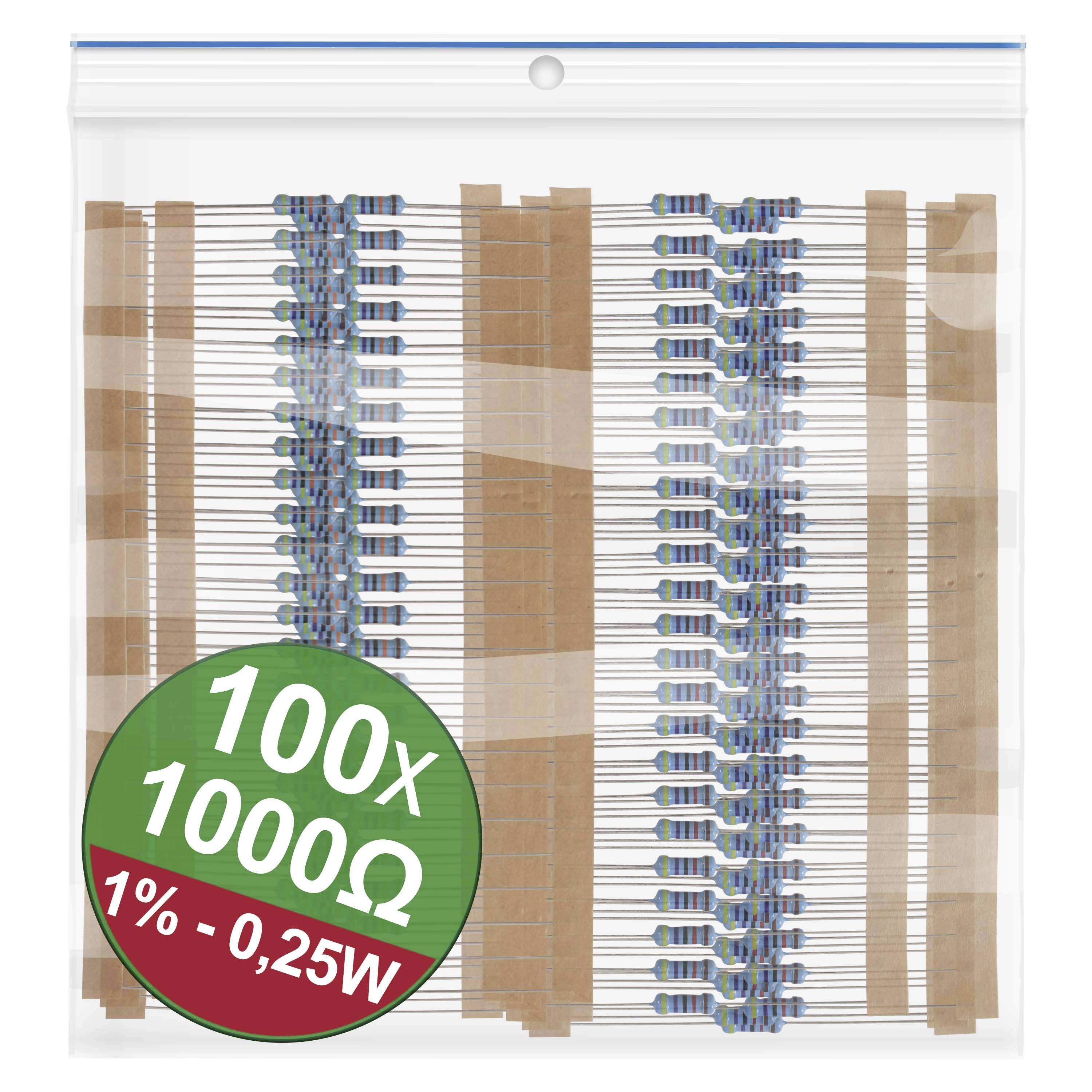 Plastiktüte mit 100 blauen Widerständen, jeweils 1000 Ohm, 0,25 Watt, 1% Toleranz. Die Widerstände sind auf Papierstreifen befestigt.
