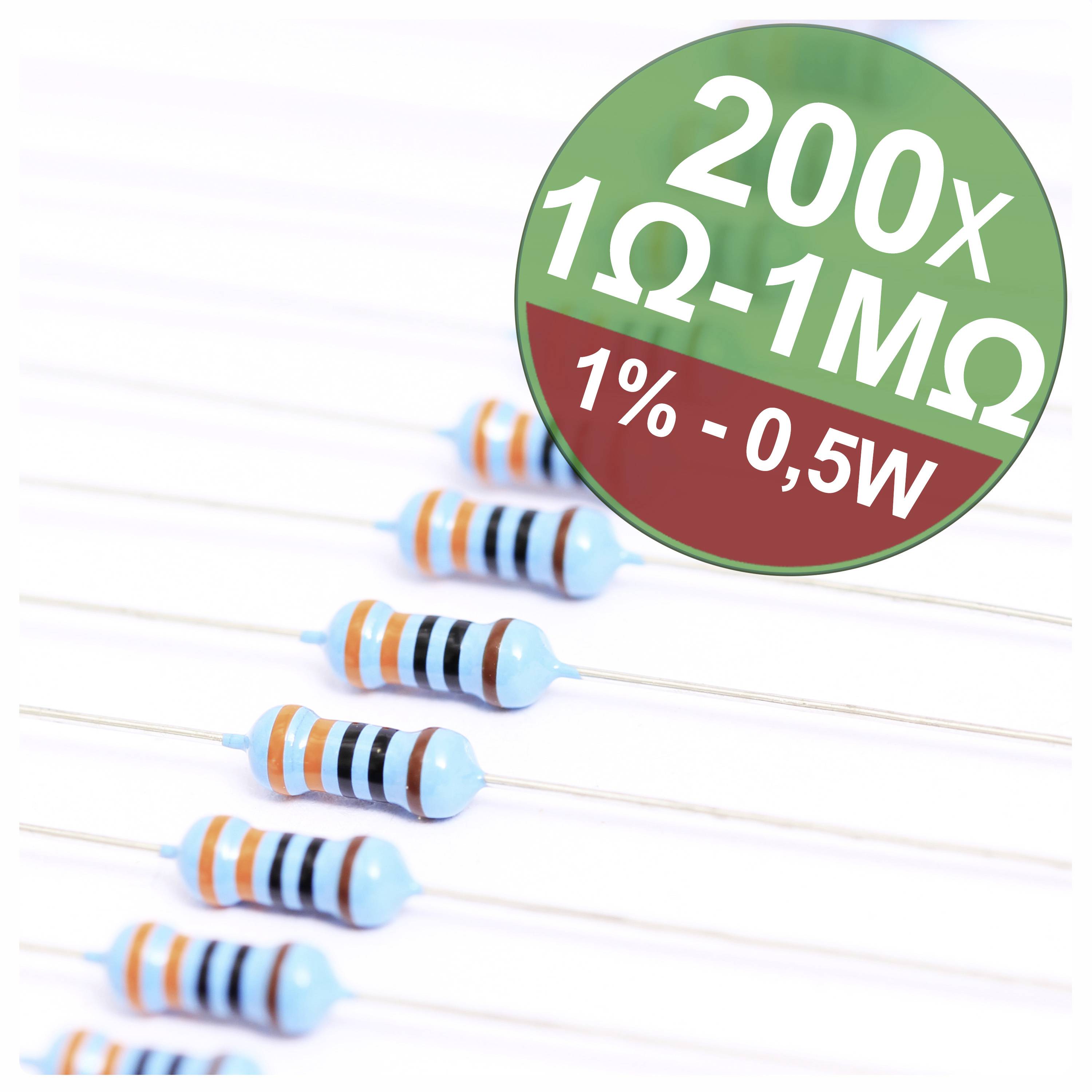 Widerstände mit Farbcodes, 200 Stück. Widerstandswerte 1Ω bis 1MΩ, 1% Toleranz, 0,5W Leistung. Kreisanzeige rechts oben.