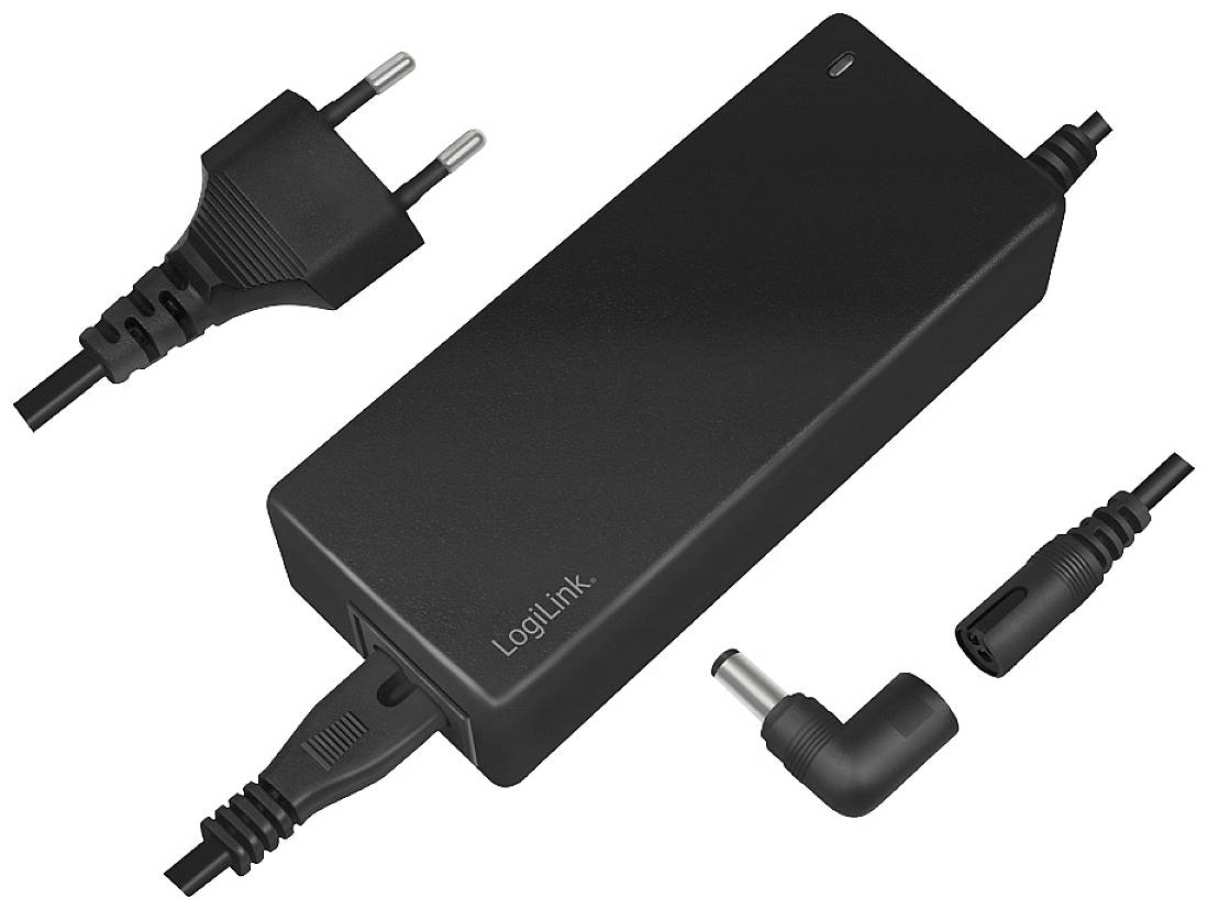 Schwarzes Netzteil mit europäischen Stecker und austauschbaren Anschlüssen, geeignet für verschiedene elektronische Geräte.