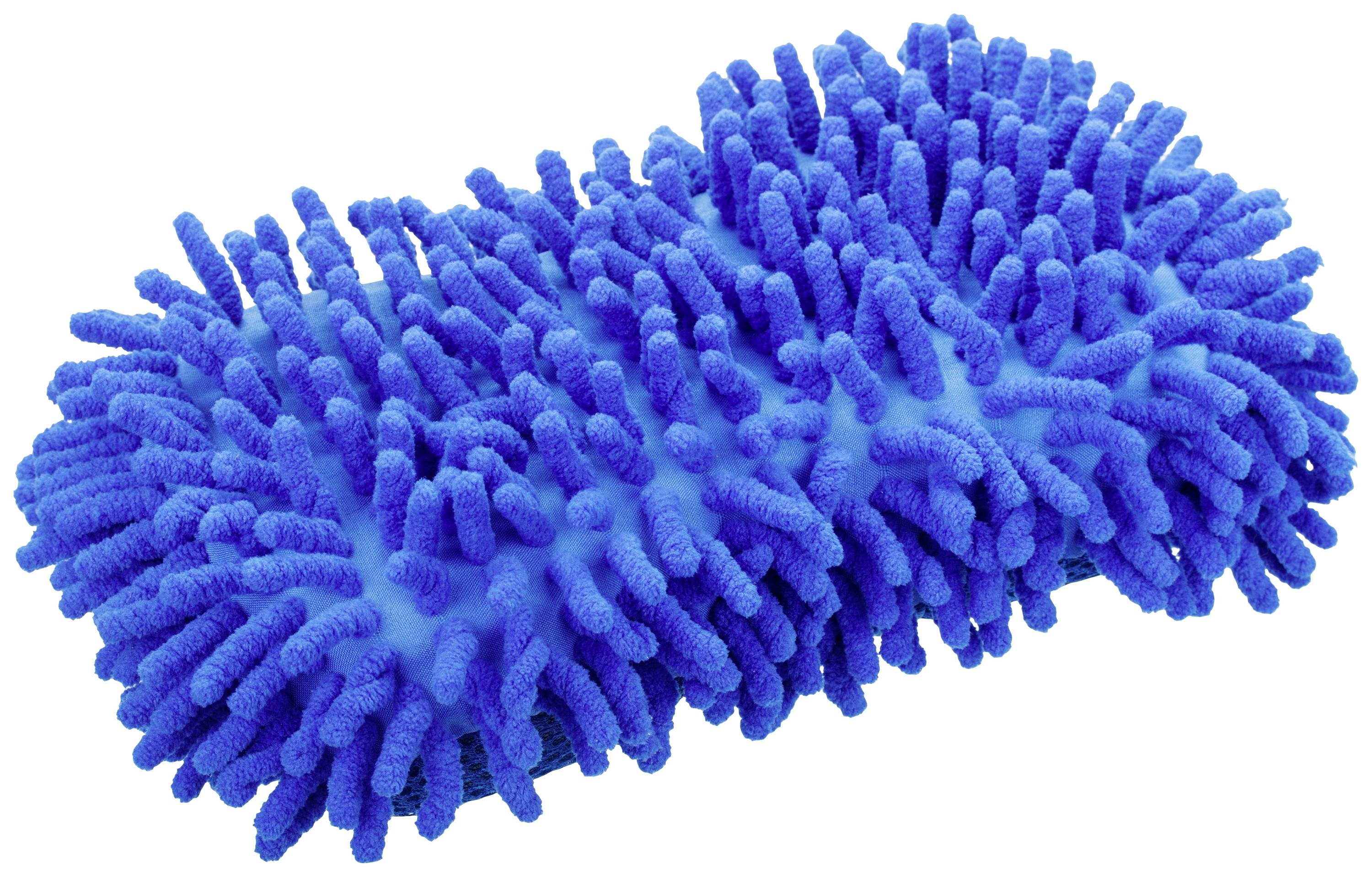 Ein blauer, länglicher Reinigungsschwamm mit vielen kurzen, dichten Fasern, ähnlich einem Chenille-Design, auf einer weißen Fläche.