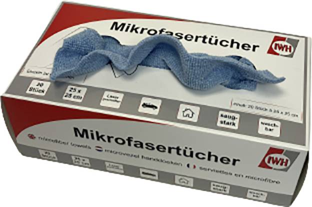Eine Schachtel Mikrofasertücher mit einem blauen Tuch obenauf. Die Verpackung zeigt Symbole für umweltfreundlich und hohe Saugkraft.