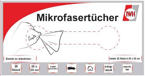 'Verpackung von Mikrofasertüchern mit Hand, die ein Tuch hält.' enthält 20 Stück je 25 x 25 cm. Symbole: laser geschnitten, saugfähig, waschbar.