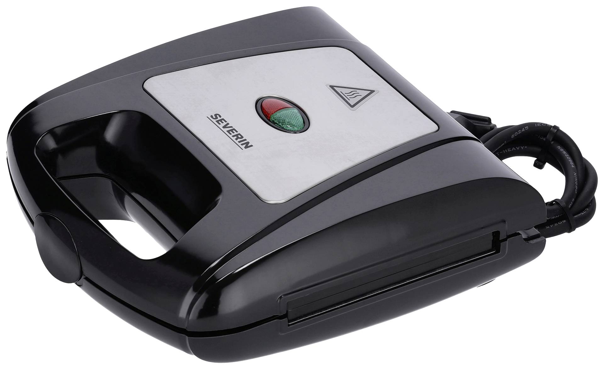 Schwarzer Sandwichmaker mit Edelstahlplatte, roter und grüner Kontrollleuchte und Griff.