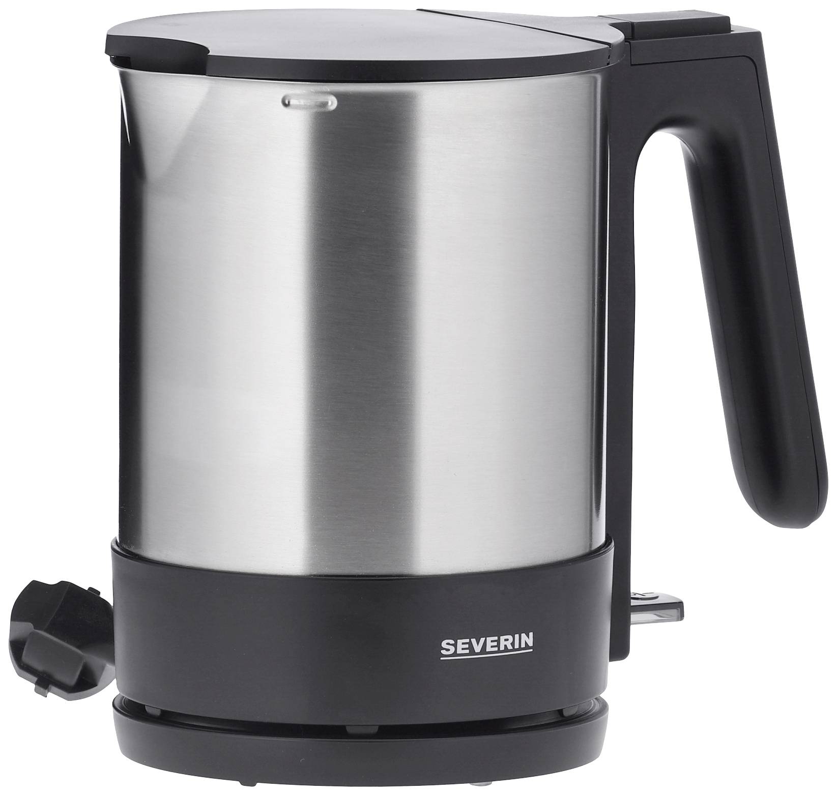 Severin Wasserkocher aus Edelstahl mit schwarzem Griff und Basis. Modernes Design für effizientes Erhitzen von Wasser.