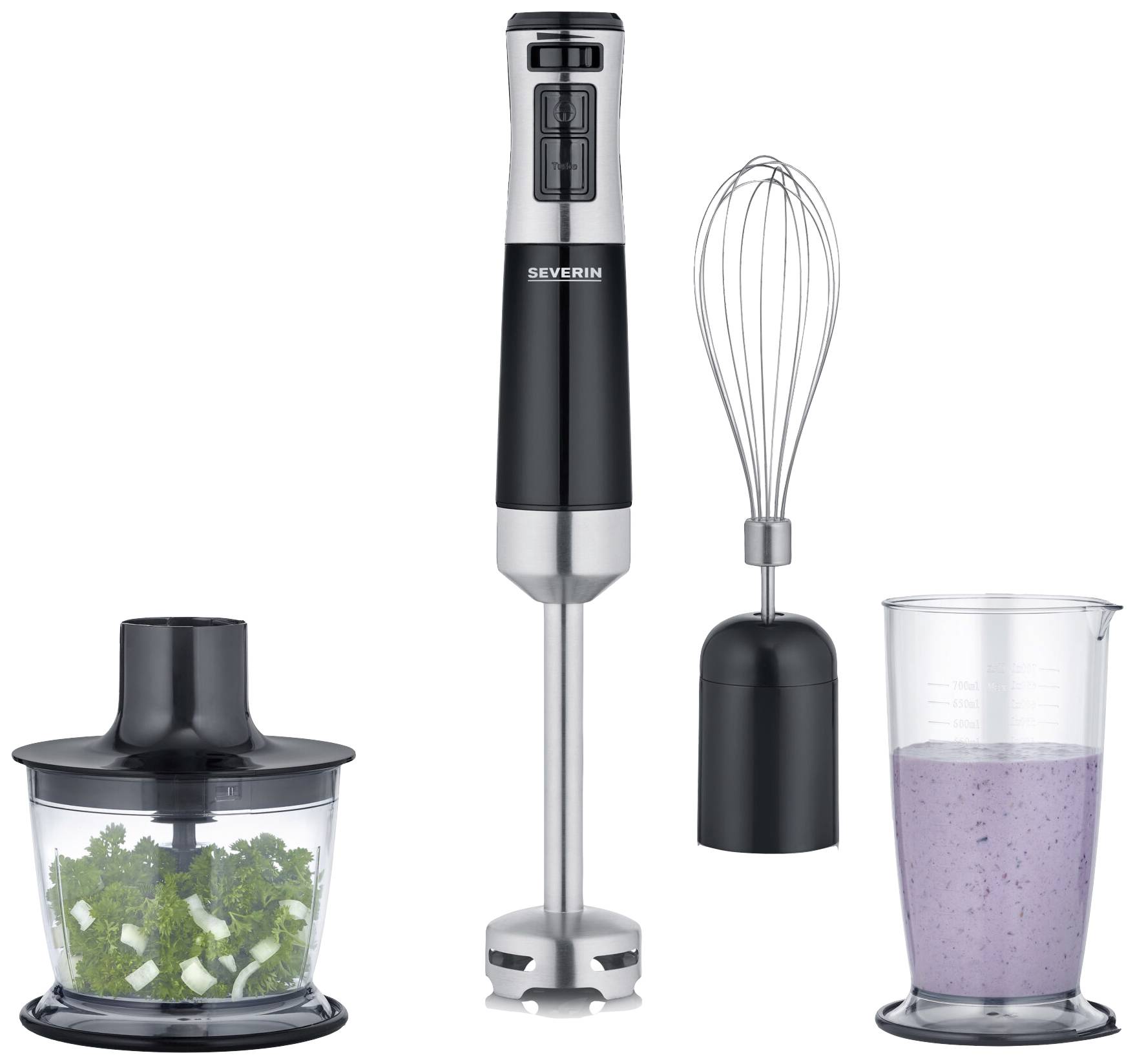 Mixer-Set mit Pürierstab, Schneideklinge, Schneebesen und Messbecher voller lila Smoothie. Enthält gehacktes Gemüse.