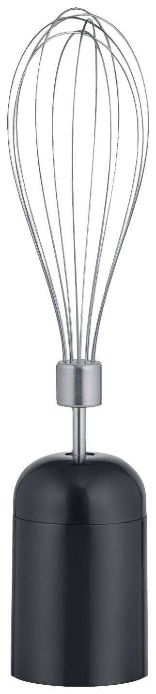 Ein schwarz-silberner elektrischer Schneebesen mit schmalen Drahtschlaufen auf einem stabilen Sockel, geeignet zum Mixen oder Aufschlagen.