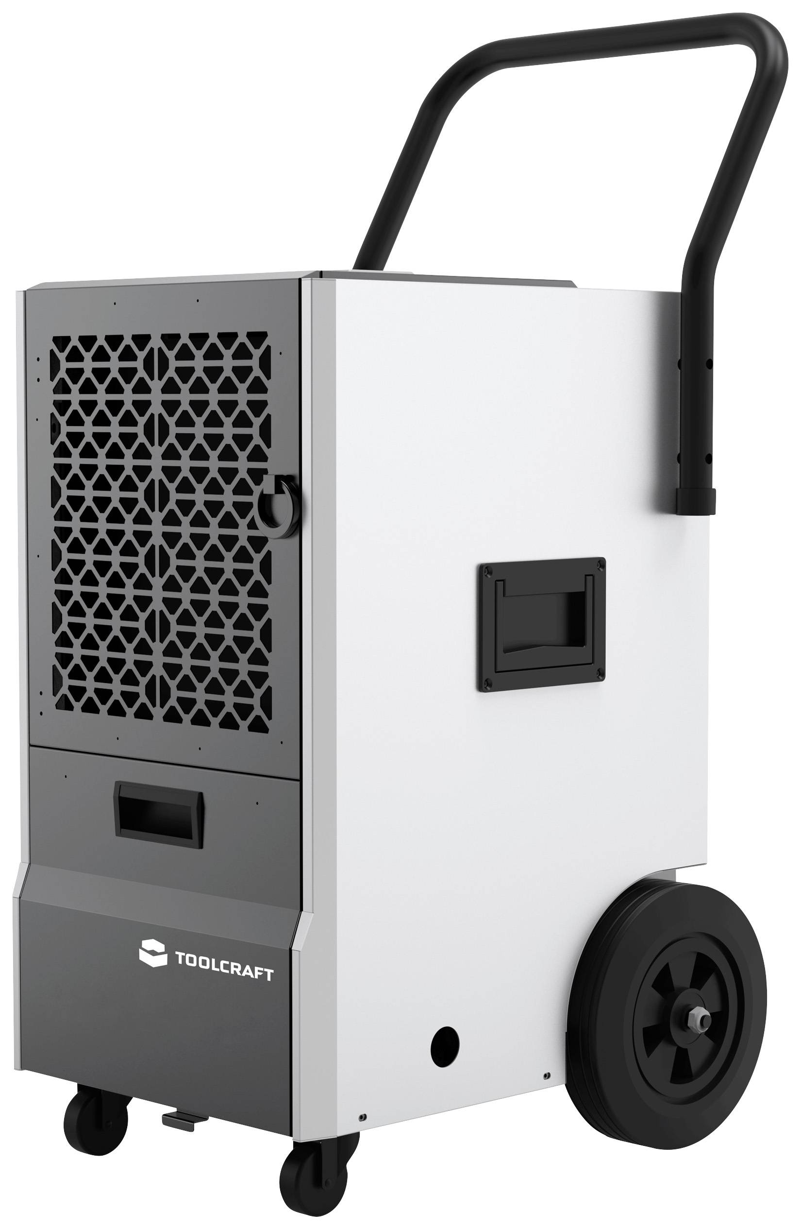 Luftentfeuchter auf Rädern mit schwarzem Griff, geeignet für Baustellen oder größere Räume, weißes Gehäuse mit Lüftungsgitter.