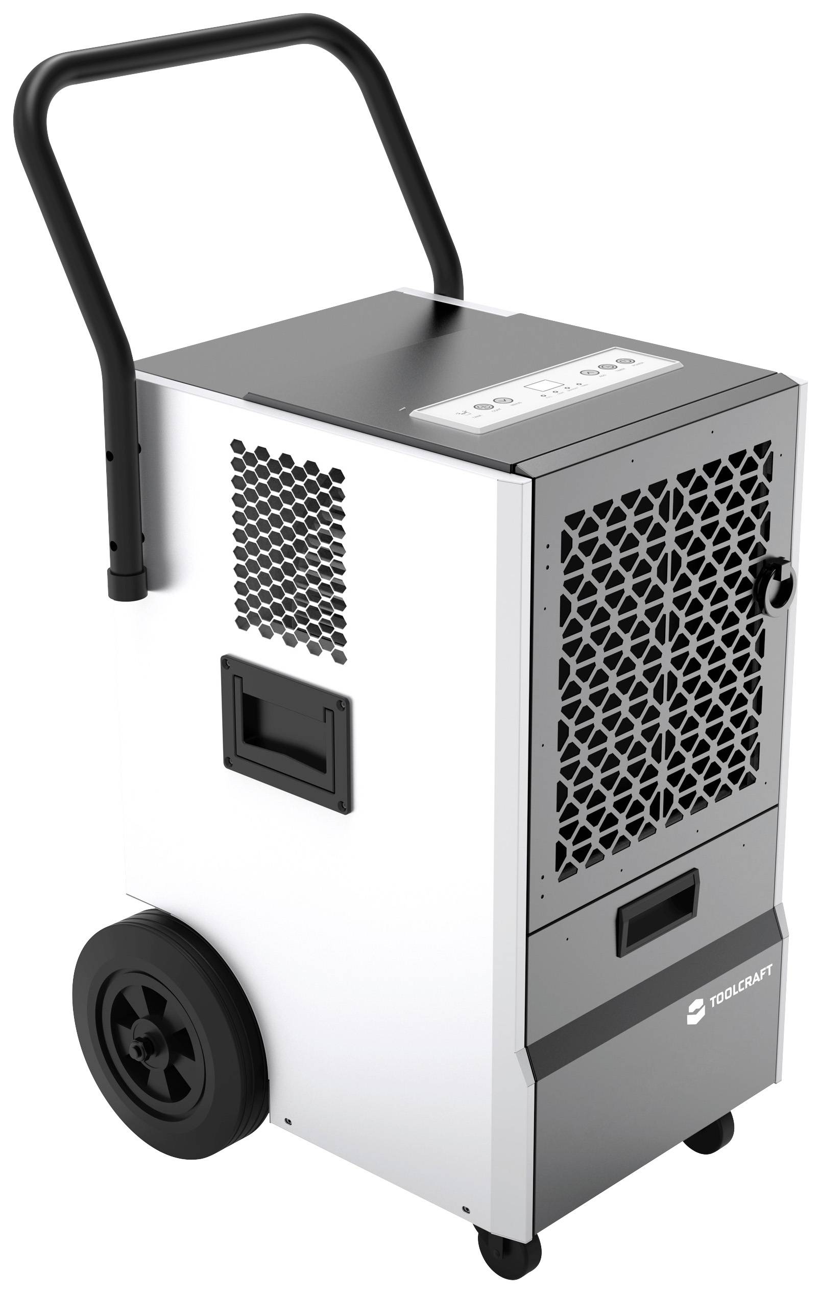 Ein weißer und schwarzer industrieller Luftentfeuchter mit Griffen und Rädern für den einfachen Transport. Markenname auf der Vorderseite.