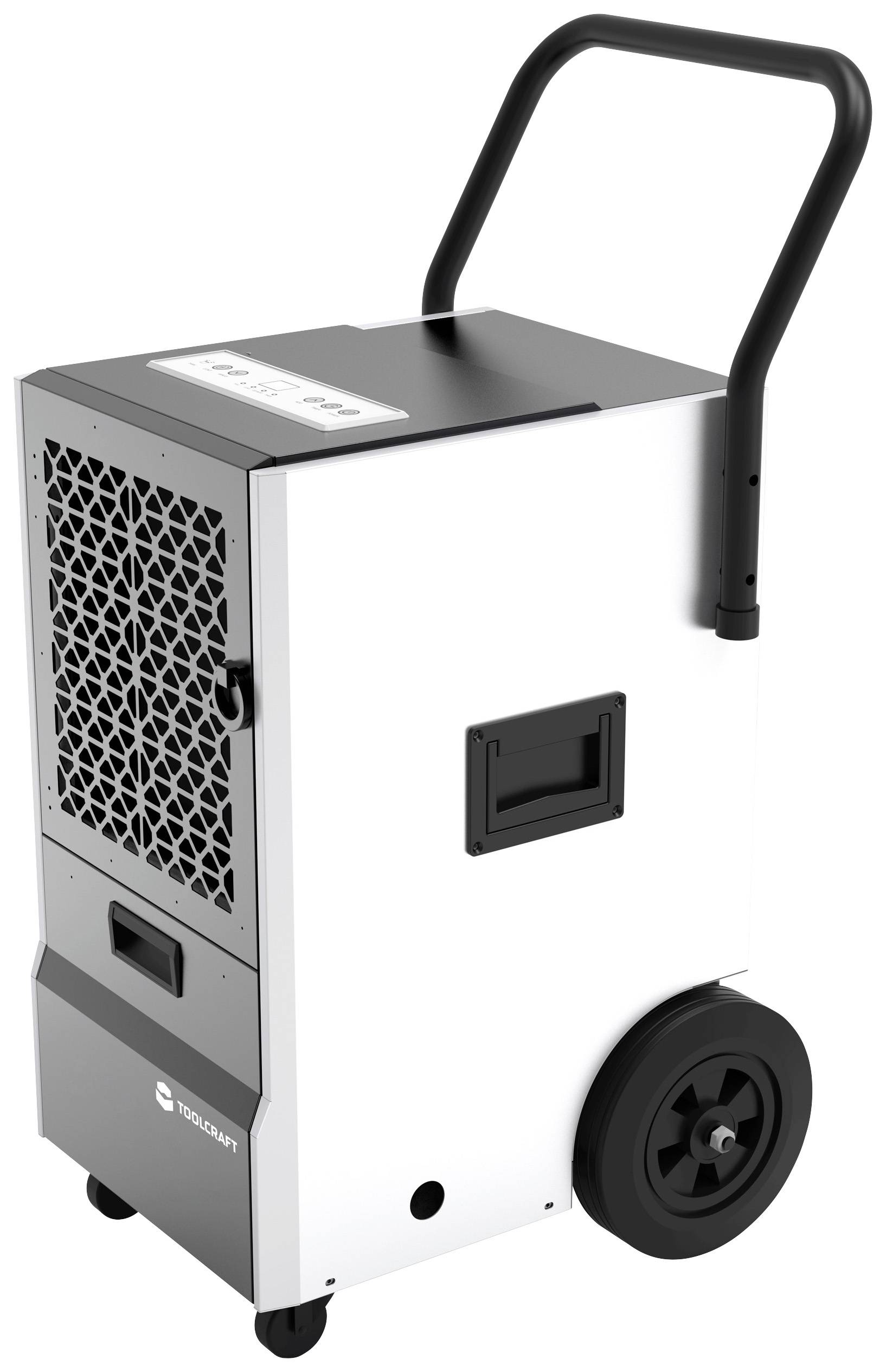 Mobiler Luftentfeuchter mit schwarzem Griff und Rädern, schwarzer Oberseite und Frontgitter, auf einem neutralen Hintergrund.