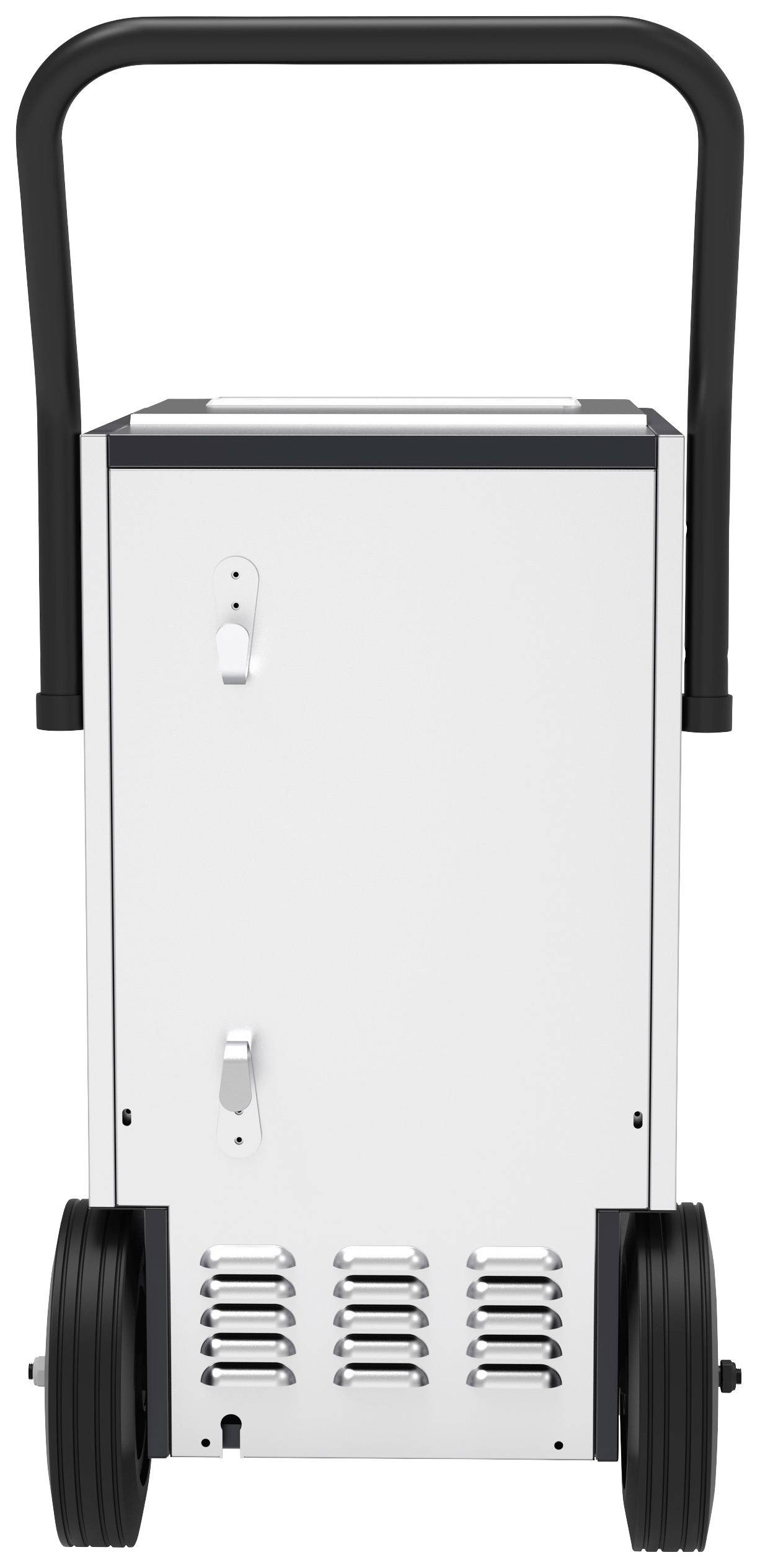 Ein weißes tragbares Gerät mit zwei schwarzen Rädern und einem Griff, möglicherweise ein industrieller Entfeuchter oder ein Gerät für den Innenbereich.