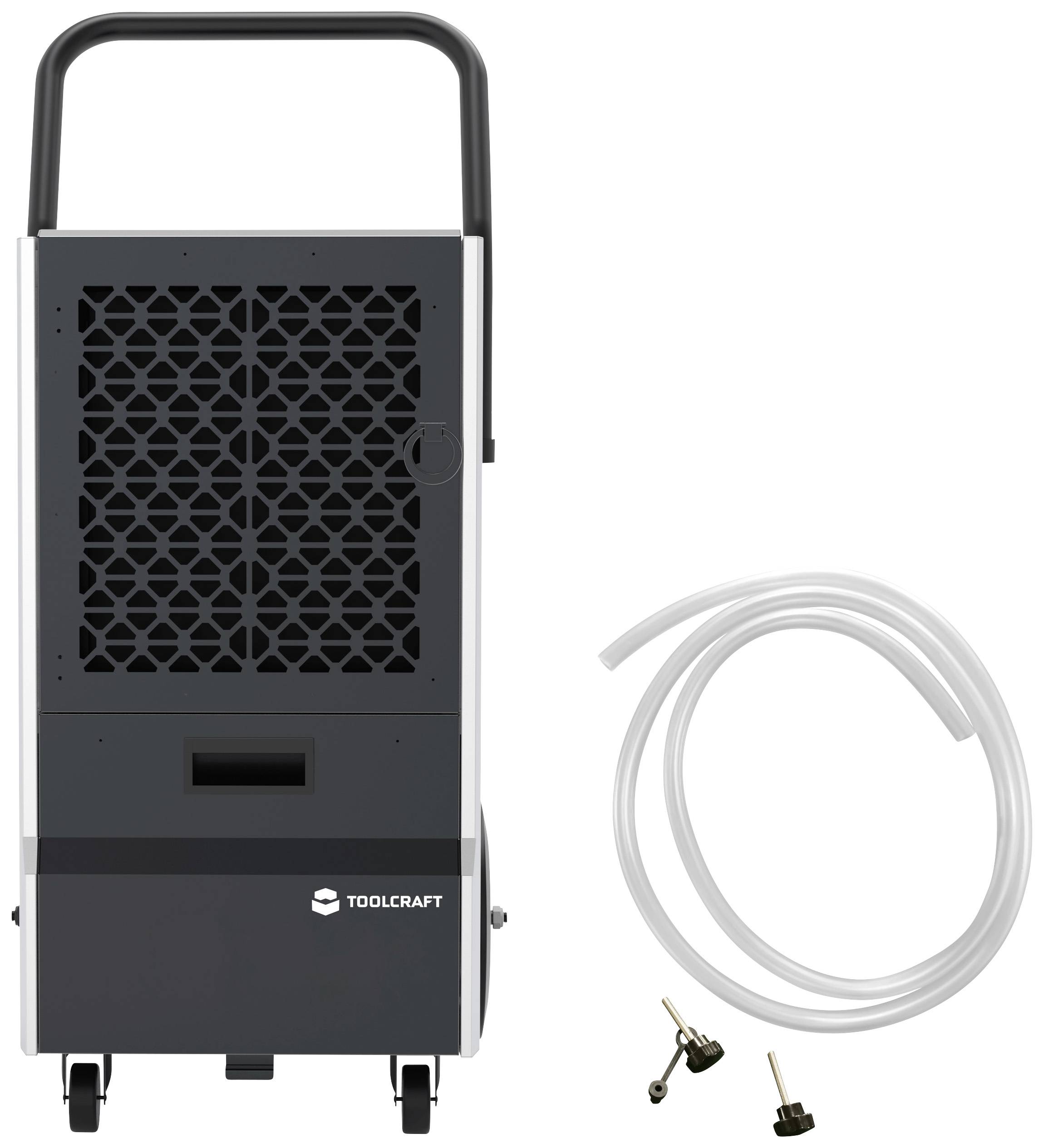 Industrieller Luftentfeuchter mit schwarzem Gehäuse, Tragegriff und Rollen. Enthält auch einen weißen Schlauch und zwei Ventilanschlüsse.