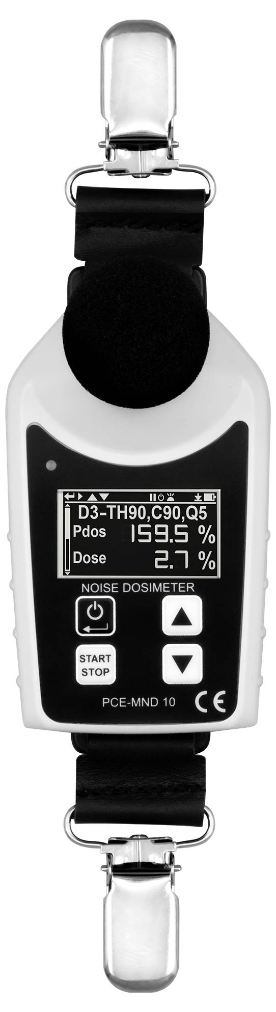 Digitales Lärmdosimeter an einem Riemen befestigt, zeigt auf seinem Display einen Dosis-Messwert von 55,5 % und 97,1 dB SPL an.