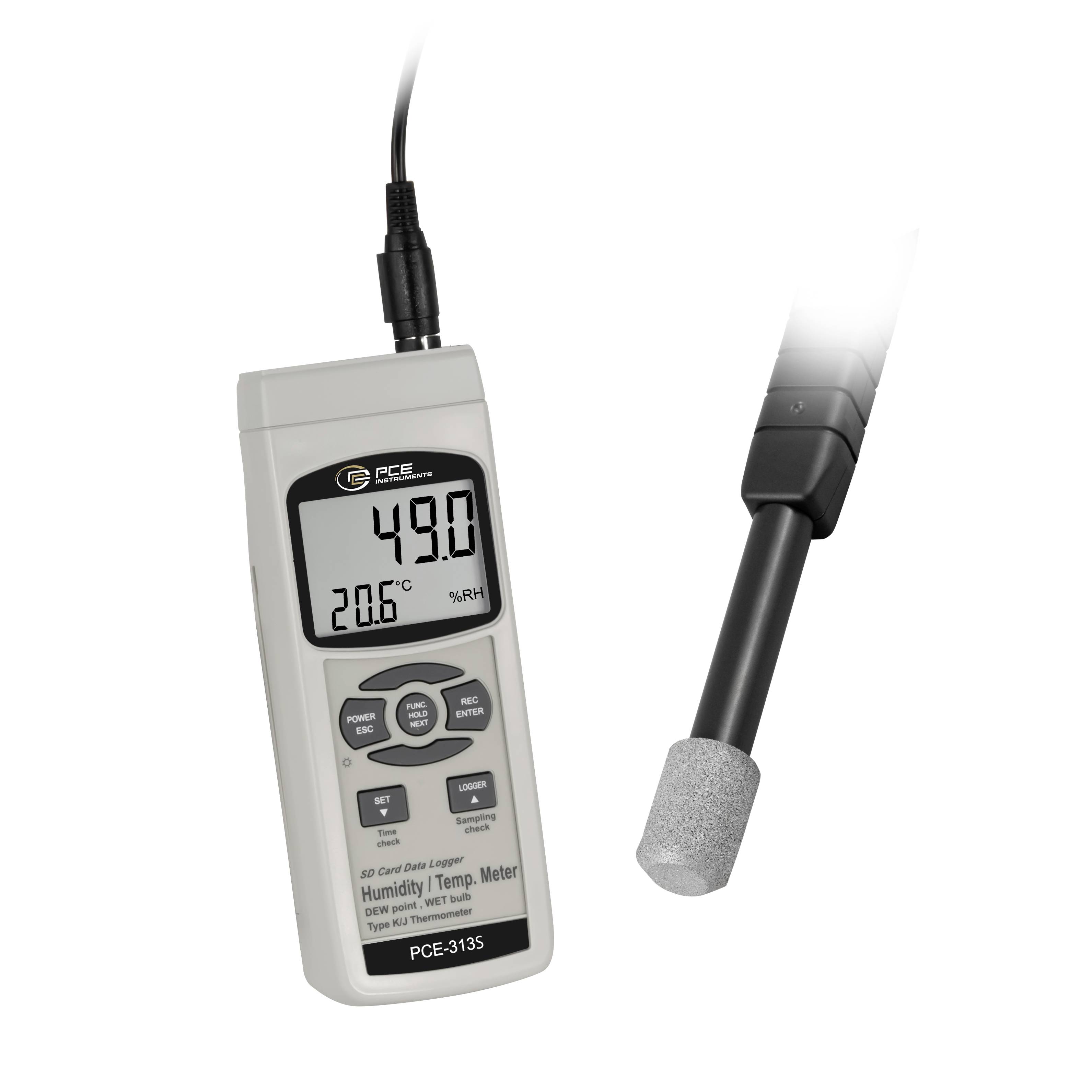 Tragbares PCE-3135 Feuchte- und Thermometer mit Anzeige von 49,0% relative Luftfeuchte und 20,6°C, mit daneben gezeigtem Fühlersensor.