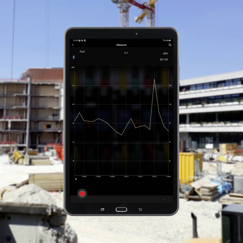 Baustelle mit Tablet im Vordergrund, das eine Mess-App zeigt. Im Hintergrund sind unvollendete Gebäude, Kräne und Baumaterialien sichtbar.