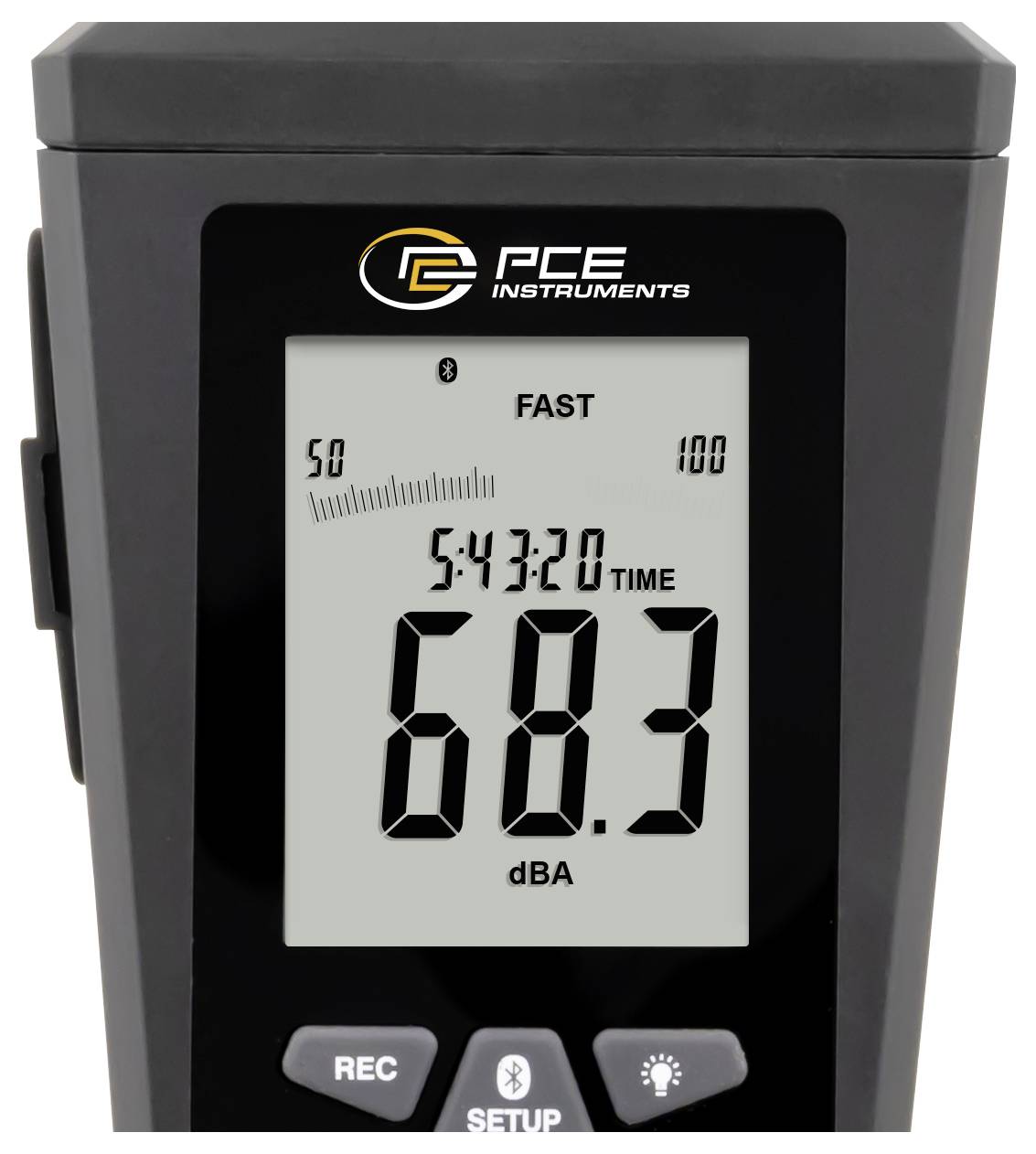 PCE Instruments Schallpegelmesser zeigt 68,3 dBA im FAST-Modus mit Aufnahme- und Setup-Tasten an.