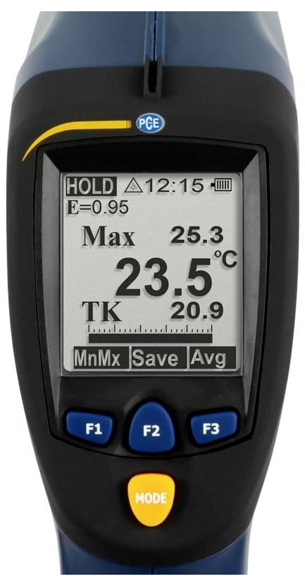Die Anzeige eines tragbaren digitalen Thermometers zeigt den Hold-Modus, aktuelle Temperatur 23,5°C, Maximum 25,3 und TK 20,9.